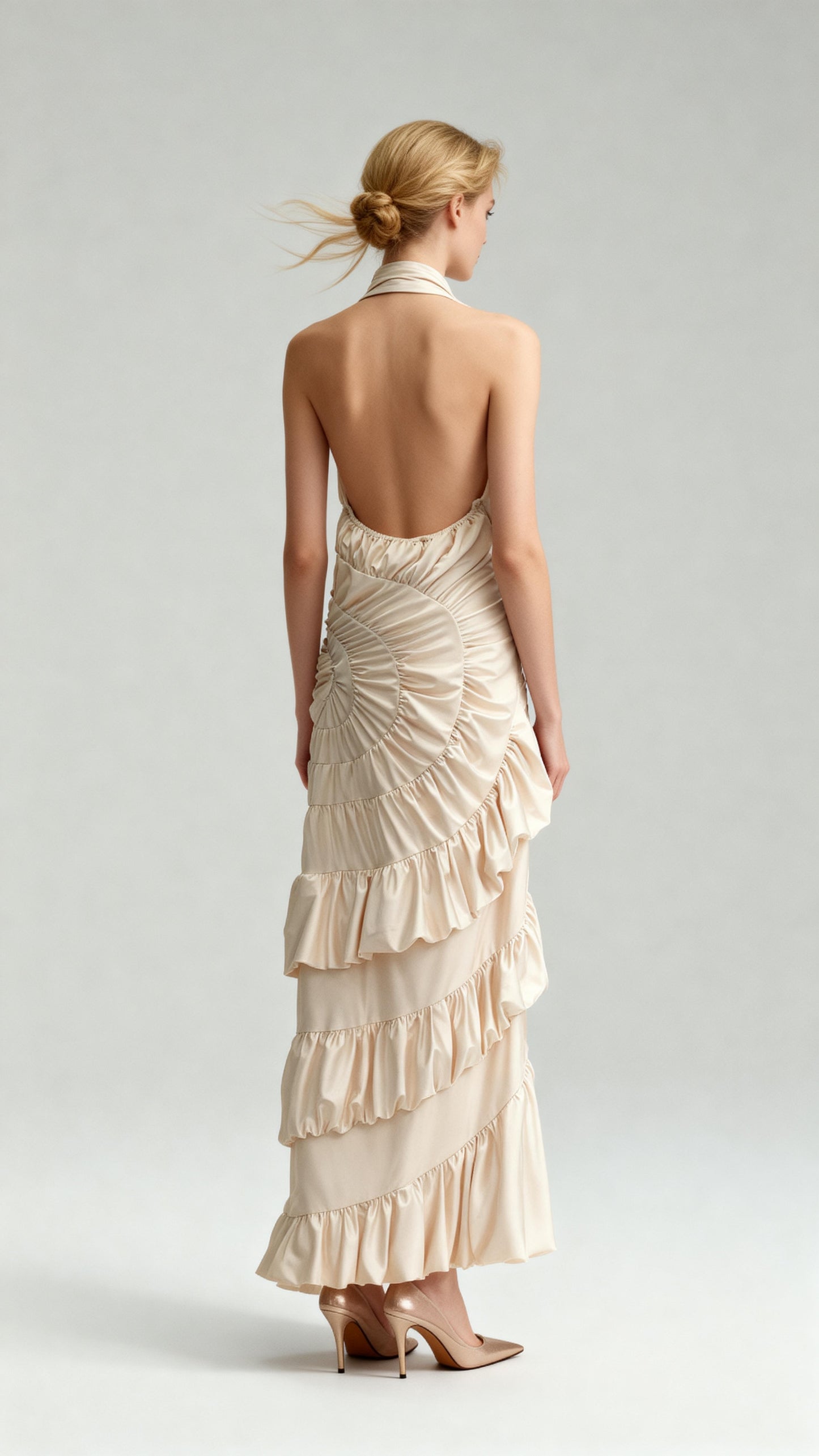 Champagne Halter Deep V-Neck Spiral-Ruched Satin Maxi Dress