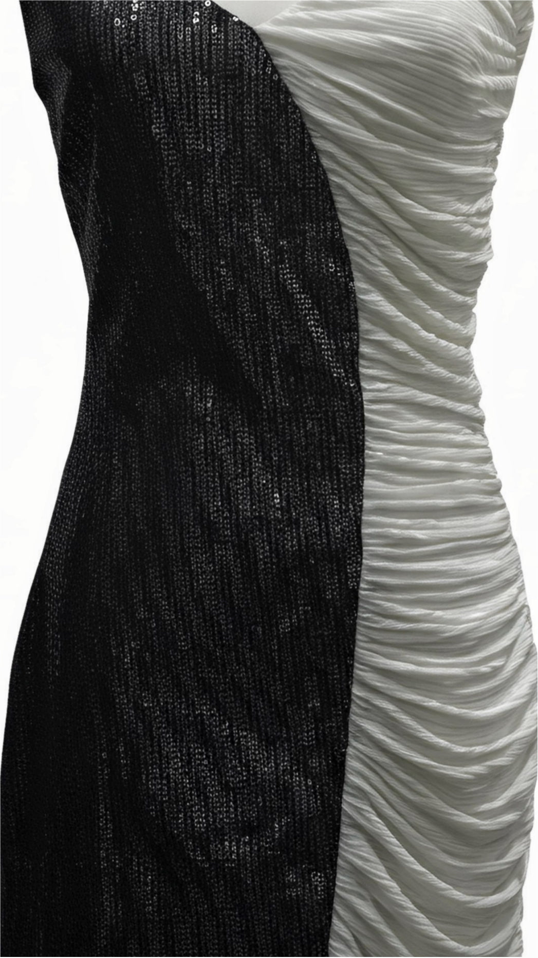 Black and White Color-Block Off-the-Shoulder Ruched Lustrous Mini Dress