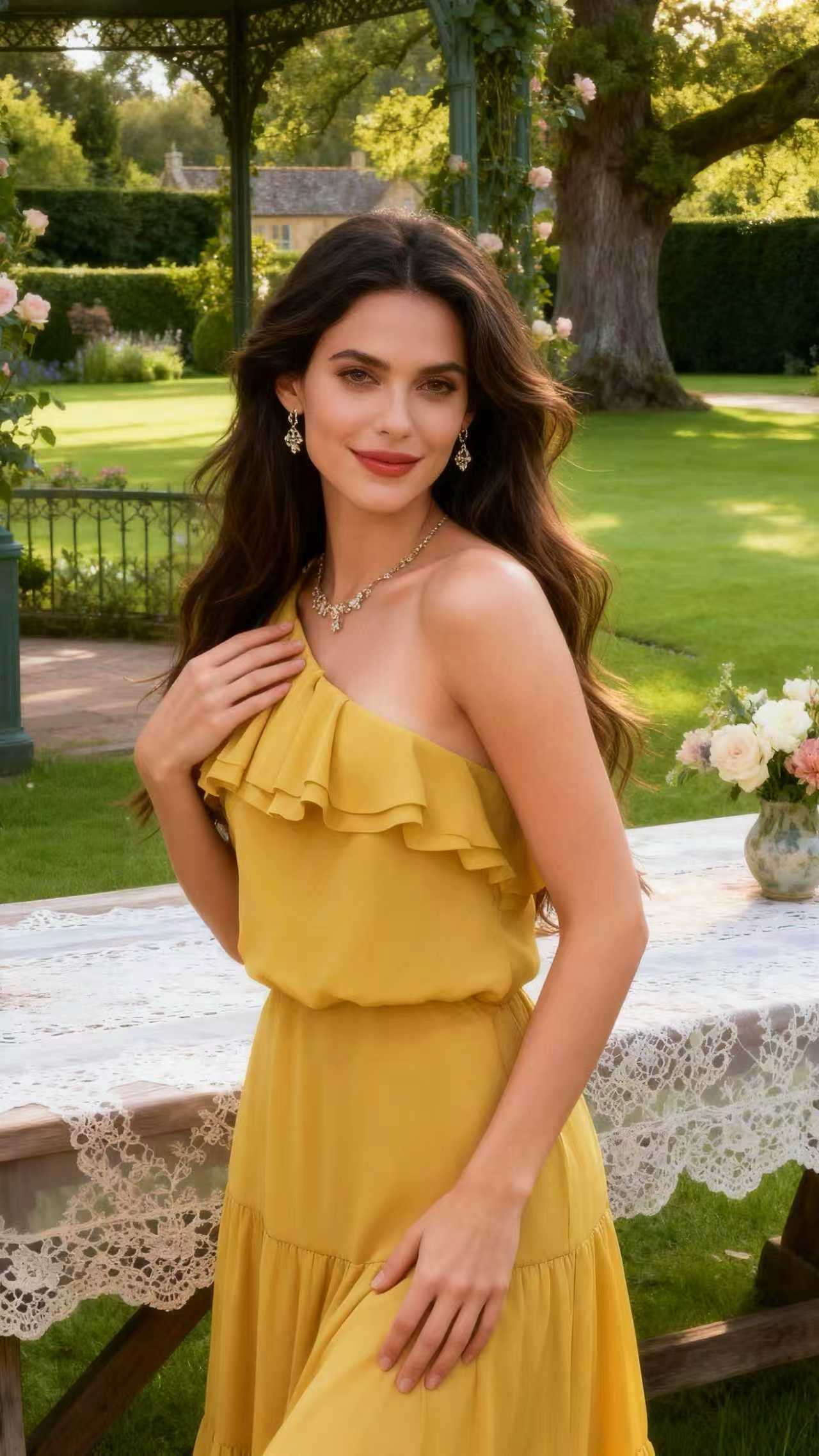 Yellow one-shoulder ruffled tiered maxi Dress