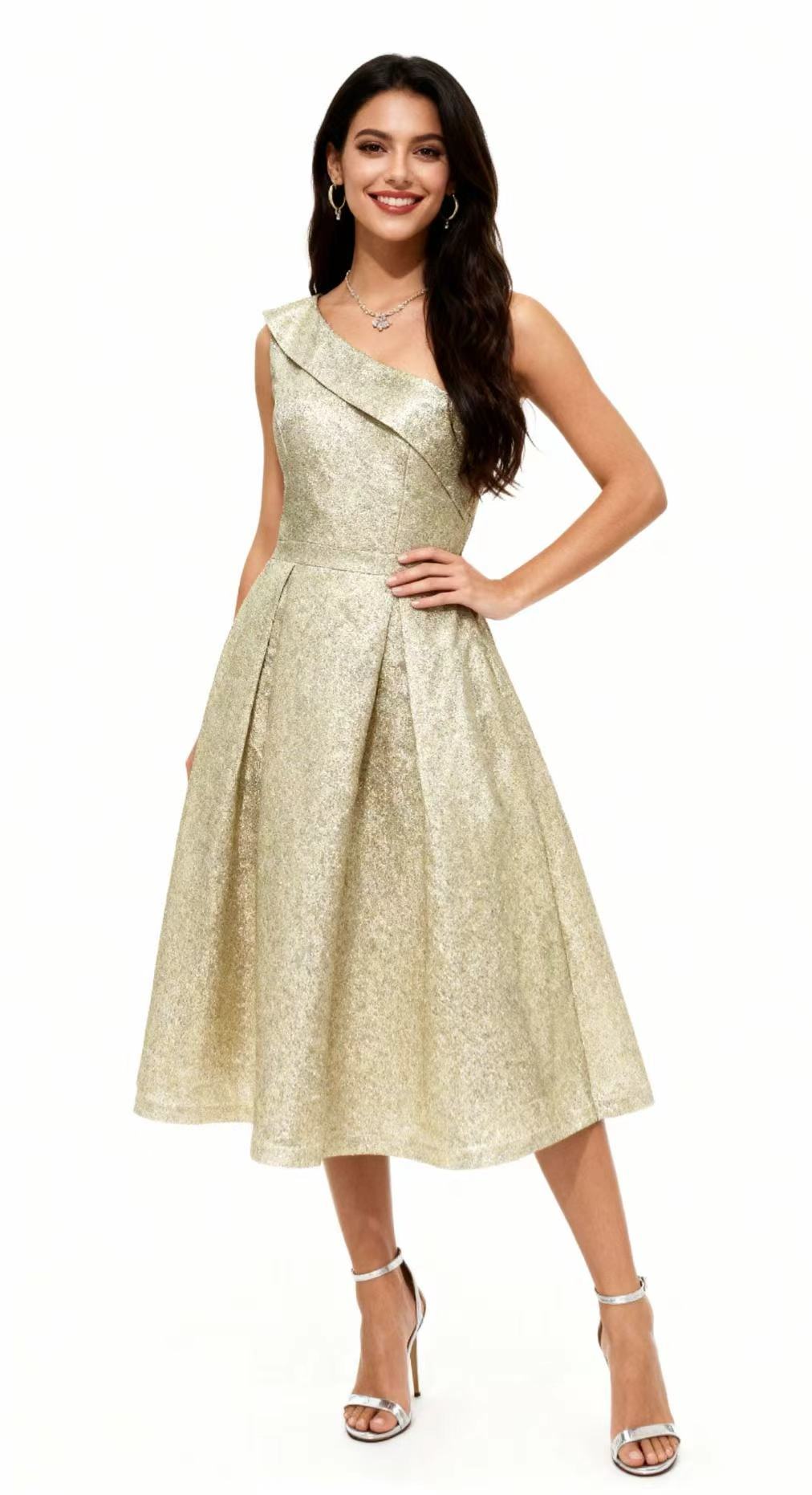 A single-shoulder, shiny, fitted, mid-length Dress