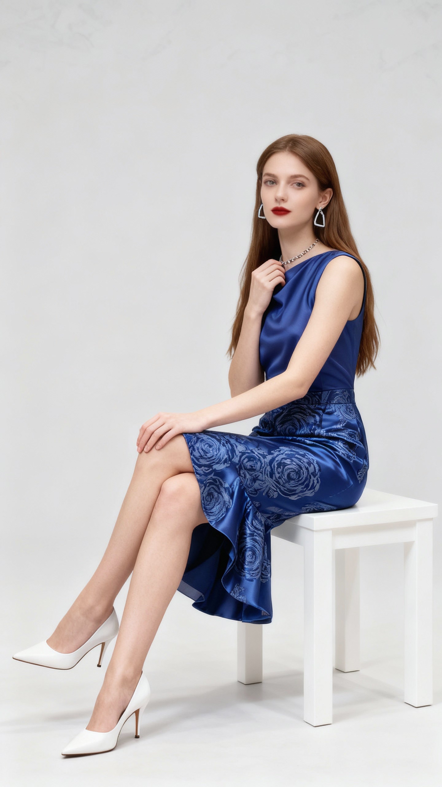Royal Blue Color-Block Floral-Printed Mermaid Dress
