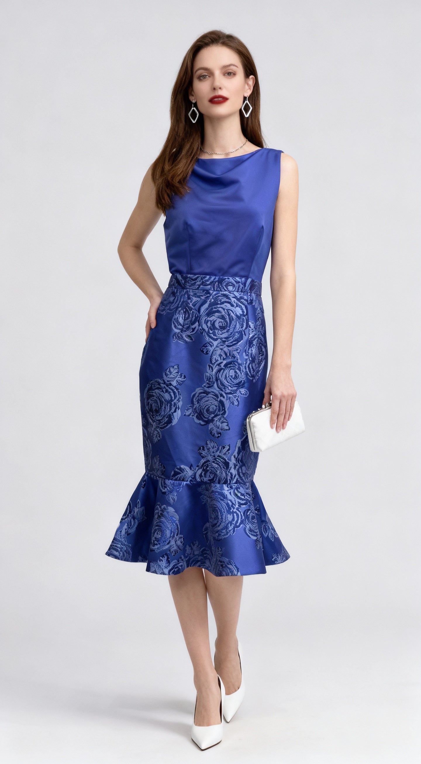 Royal Blue Color-Block Floral-Printed Mermaid Dress