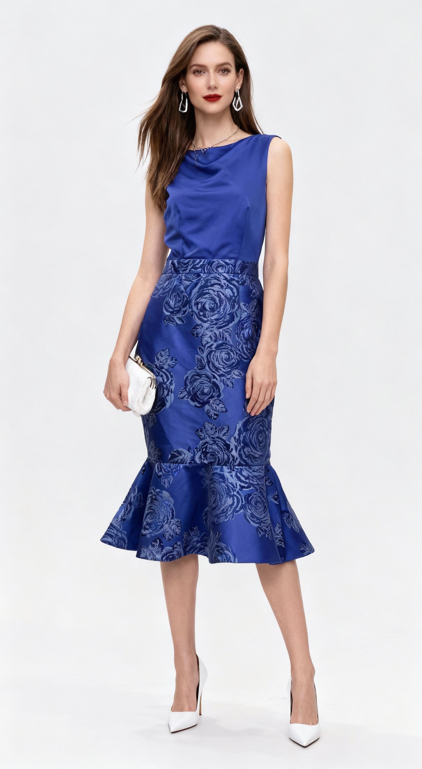 Royal Blue Color-Block Floral-Printed Mermaid Dress
