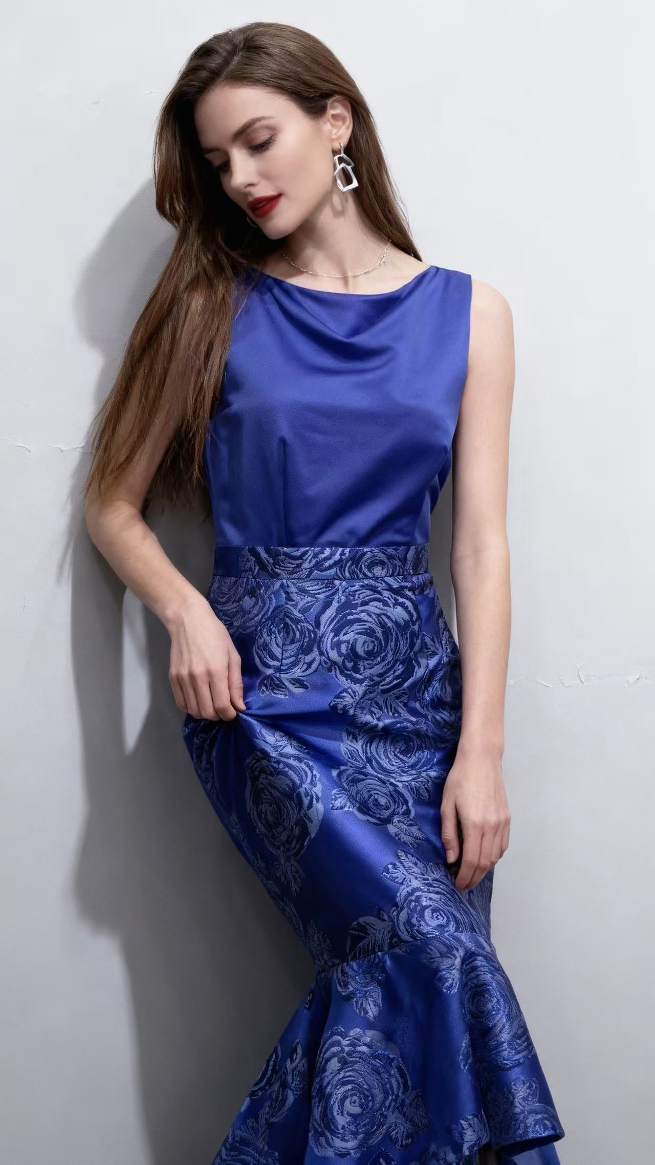 Royal Blue Color-Block Floral-Printed Mermaid Dress