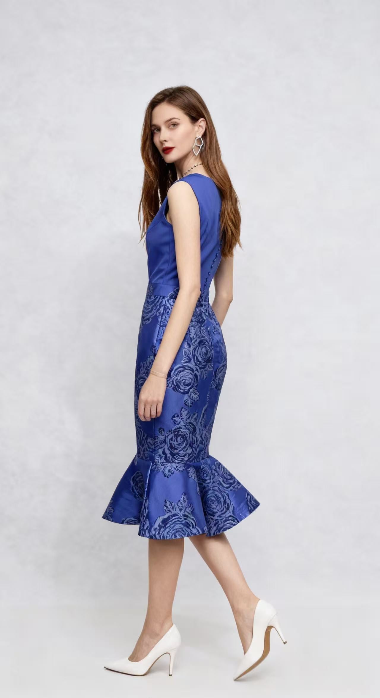 Royal Blue Color-Block Floral-Printed Mermaid Dress