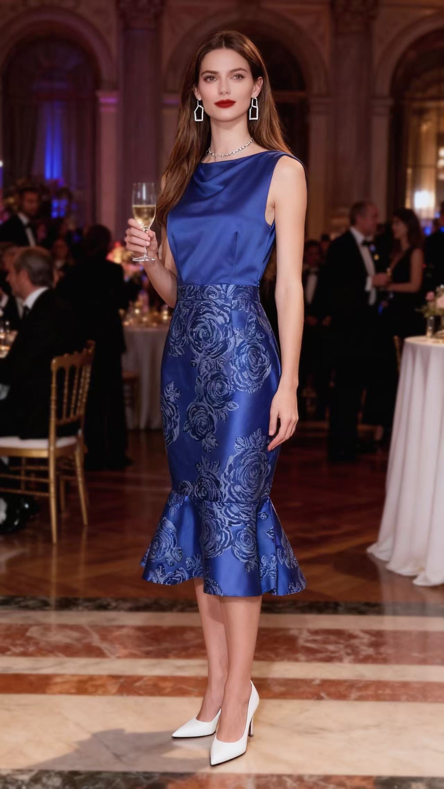 Royal Blue Color-Block Floral-Printed Mermaid Dress