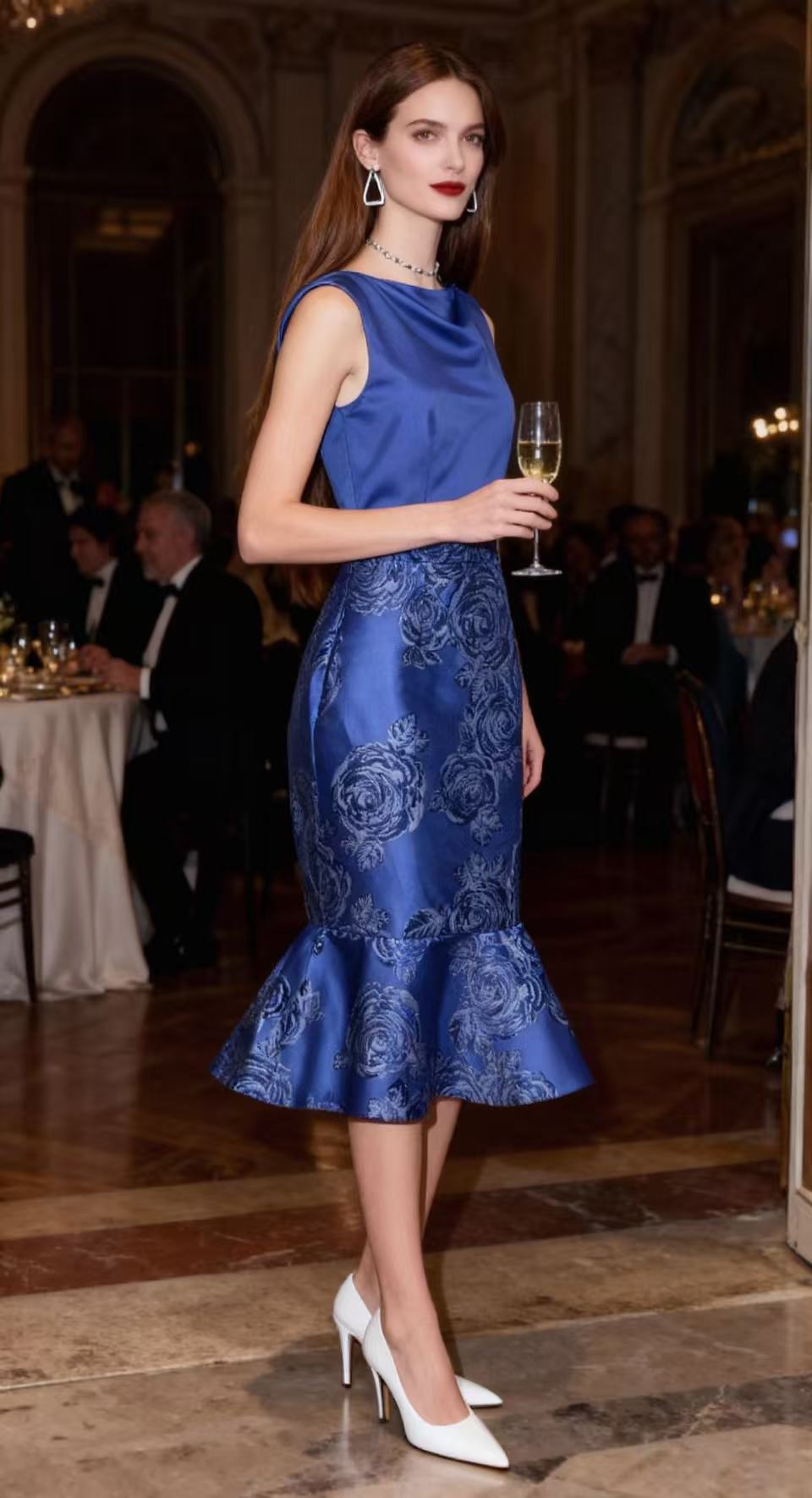 Royal Blue Color-Block Floral-Printed Mermaid Dress