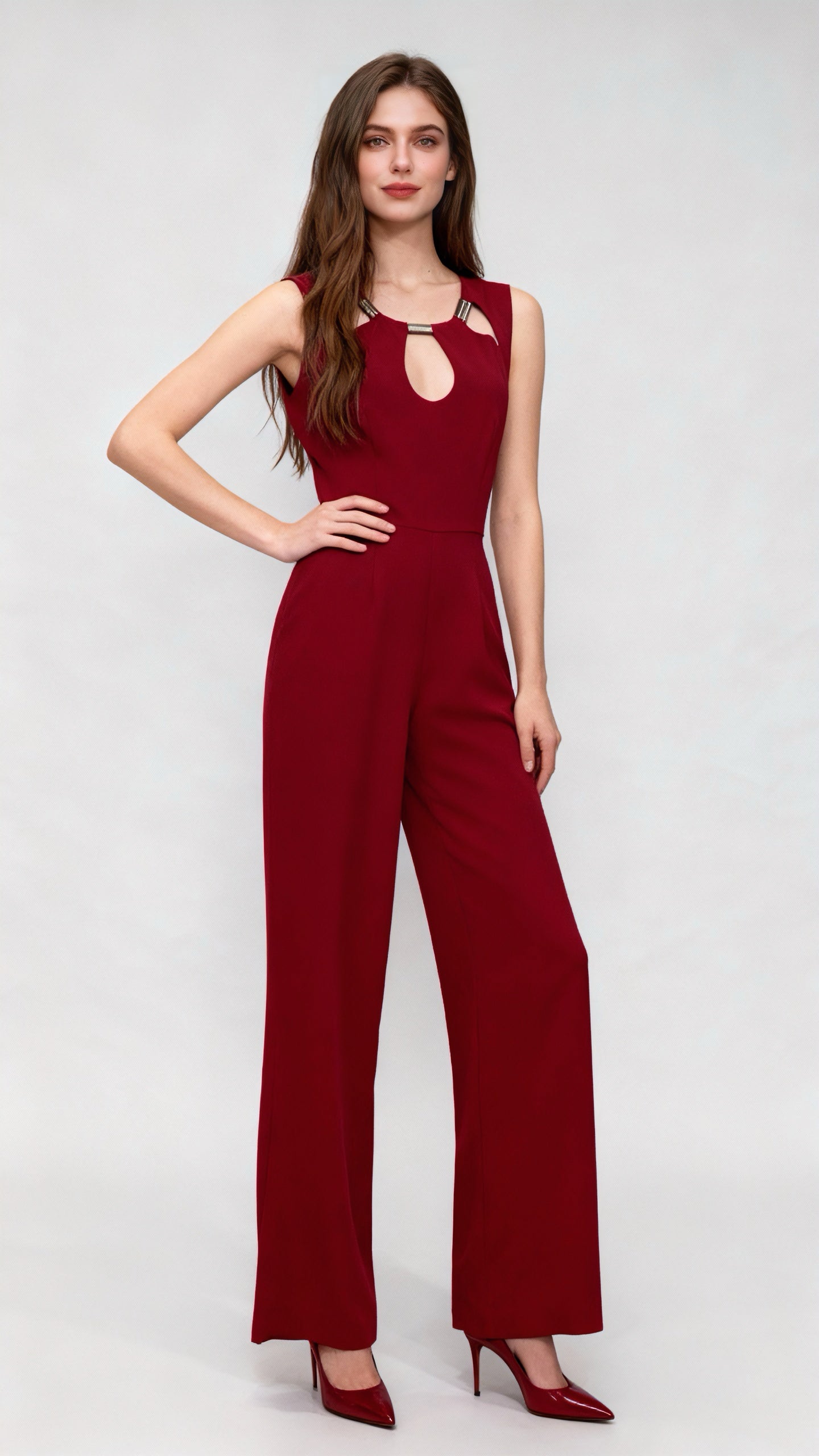 Burgundy Sleeveless Wide-Leg Jumpsuit