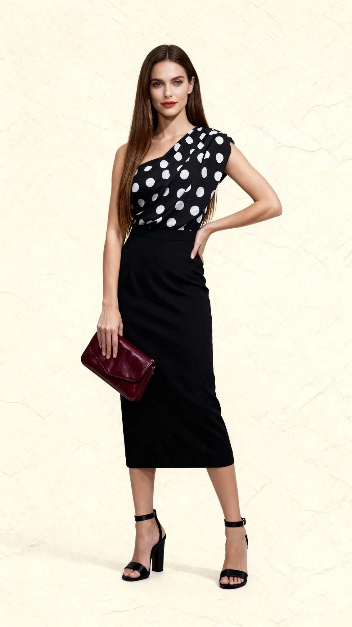Black and White Polka-Dot One-Shoulder Color-Block Dress