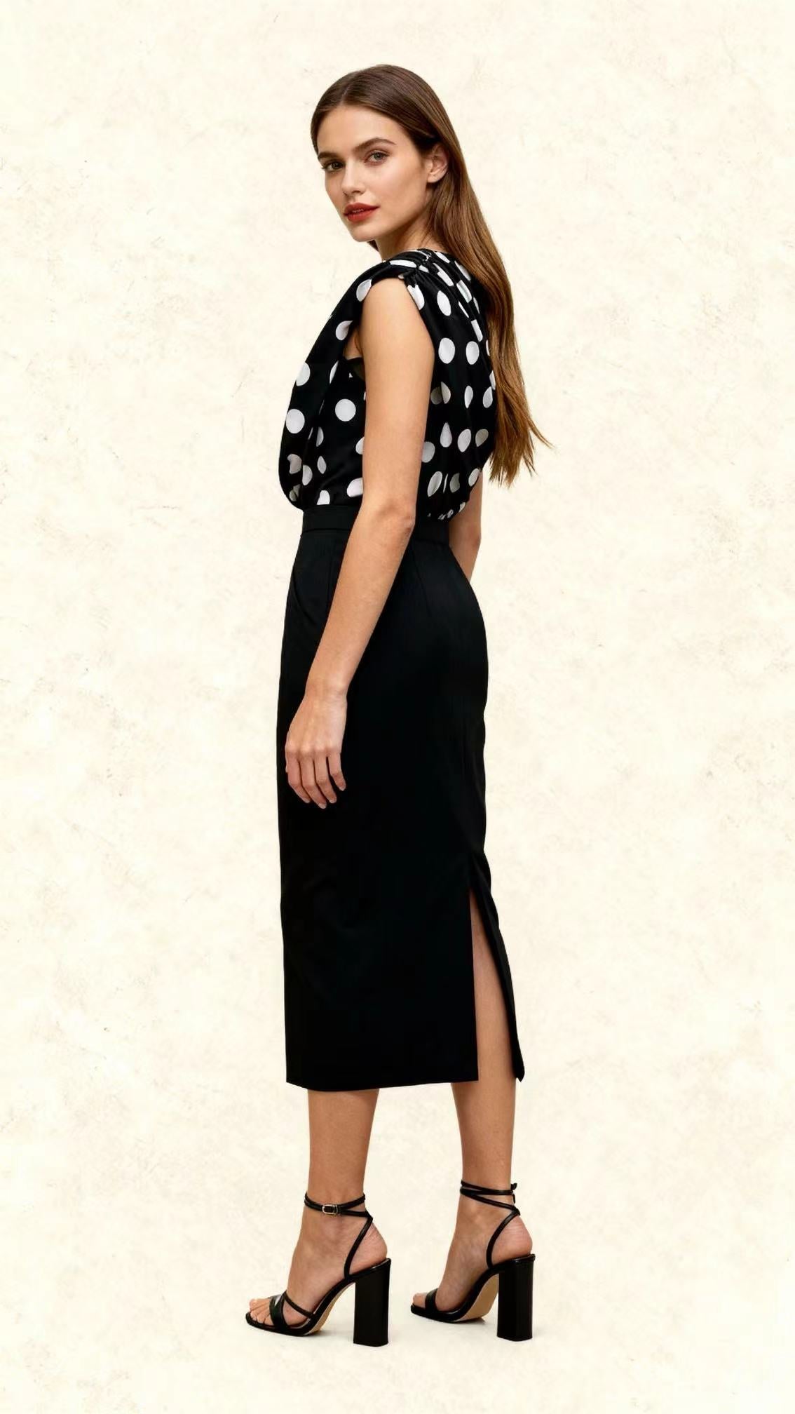 Black and White Polka-Dot One-Shoulder Color-Block Dress