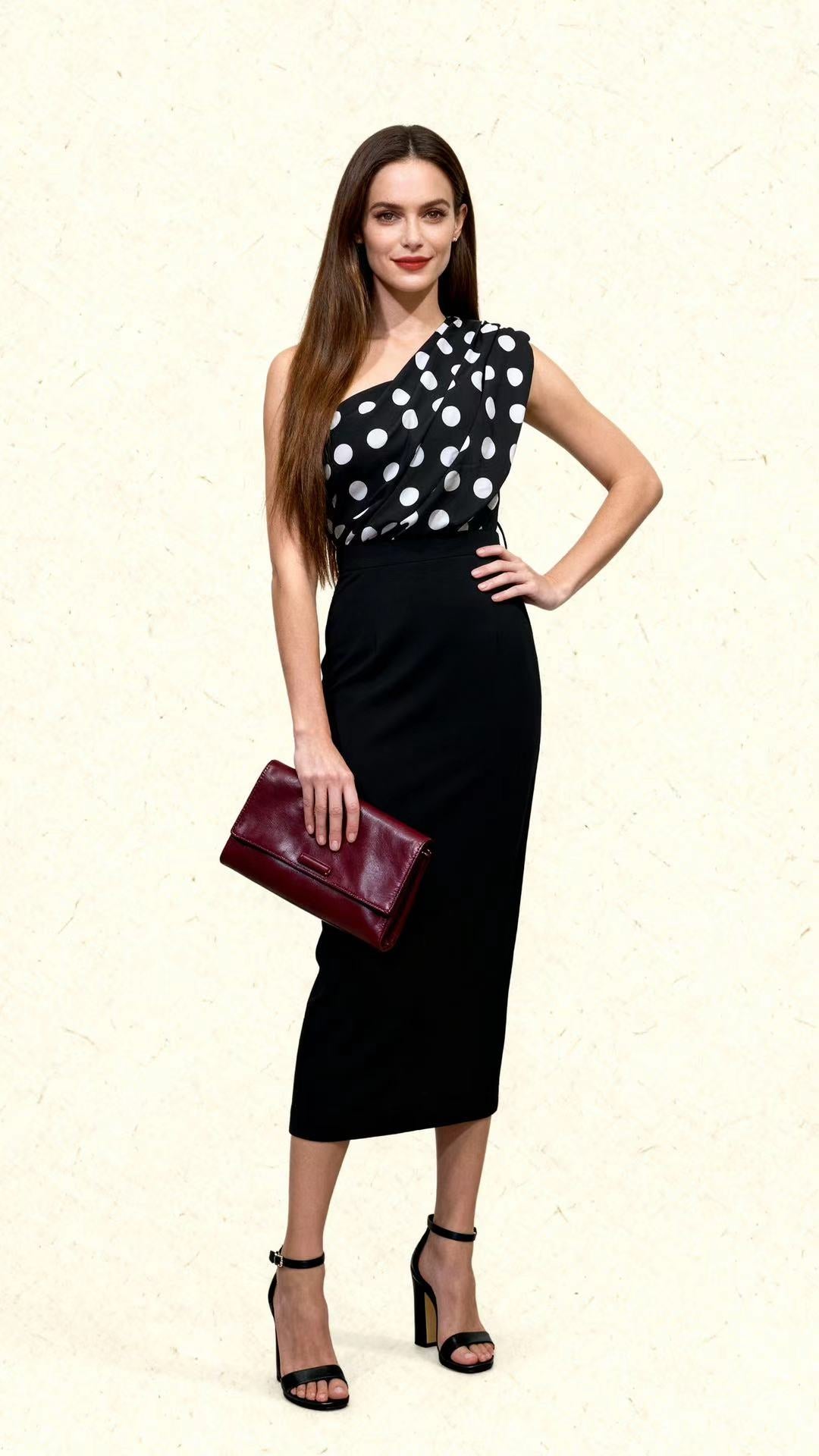 Black and White Polka-Dot One-Shoulder Color-Block Dress