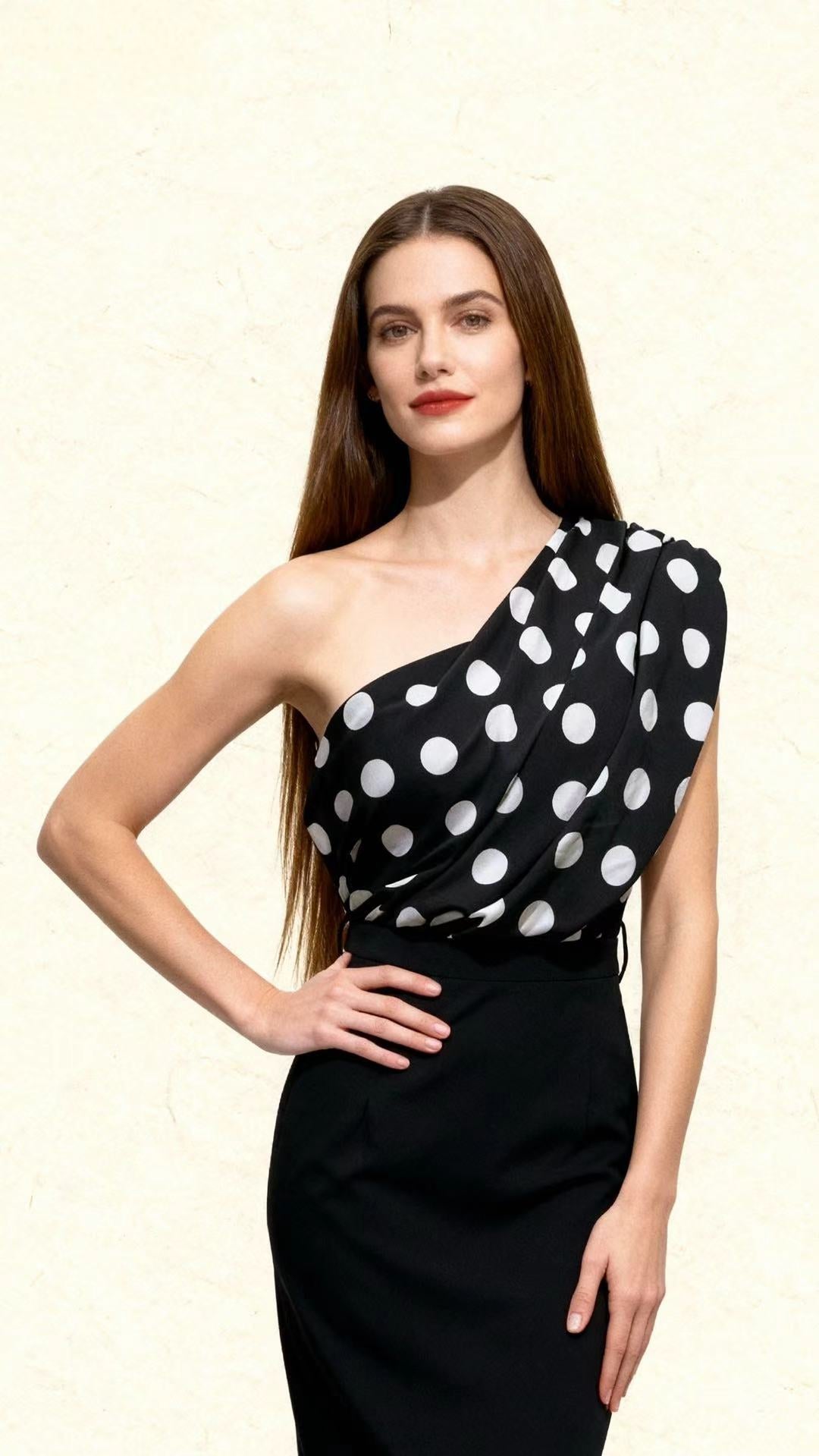 Black and White Polka-Dot One-Shoulder Color-Block Dress