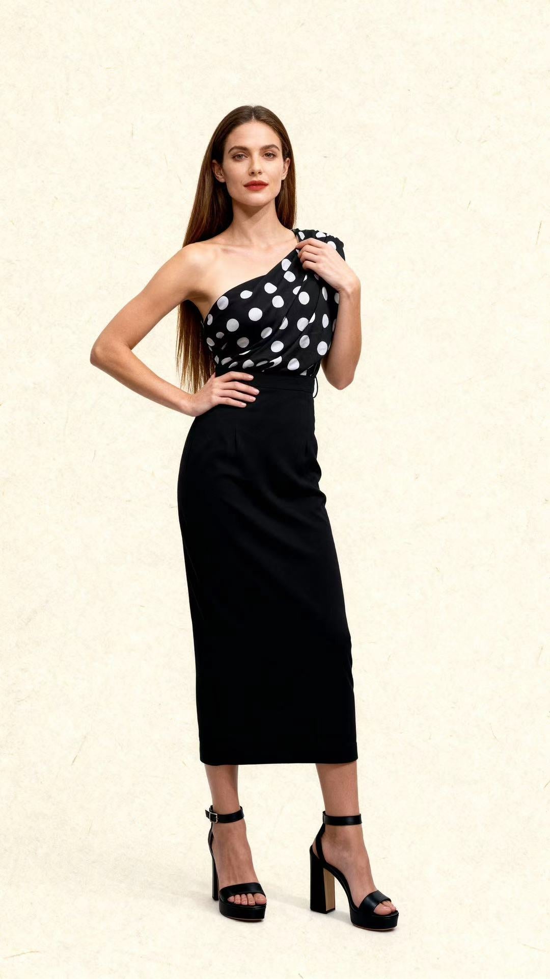 Black and White Polka-Dot One-Shoulder Color-Block Dress