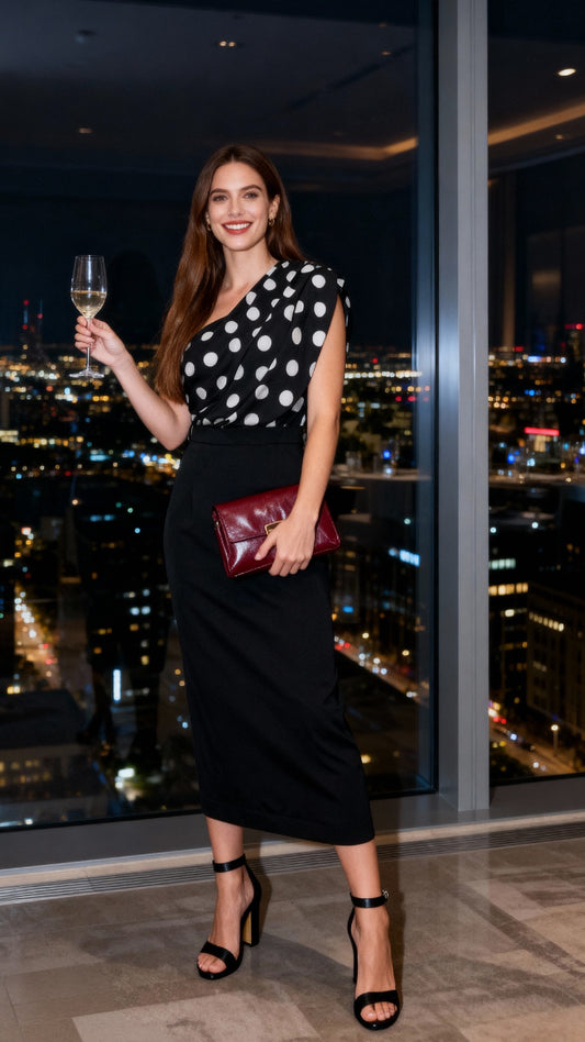 Black and White Polka-Dot One-Shoulder Color-Block Dress