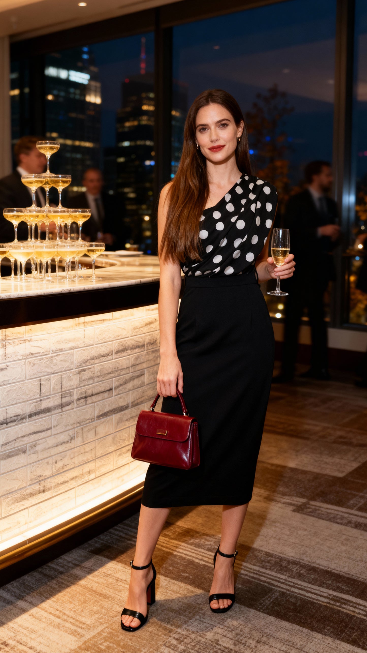 Black and White Polka-Dot One-Shoulder Color-Block Dress