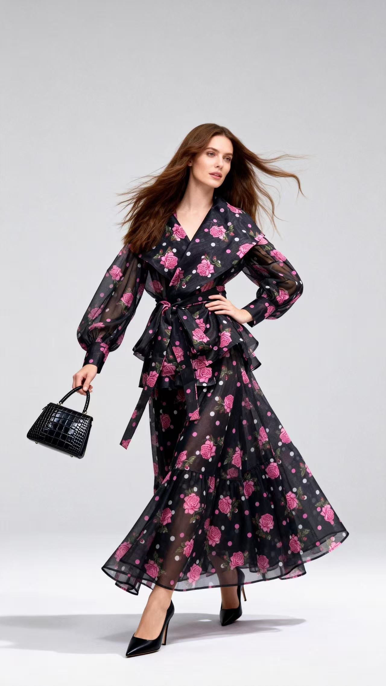 Black and Pink Polka-Dot & Rose-Printed Two-Piece Set (Blouse + Full-Flare Skirt)