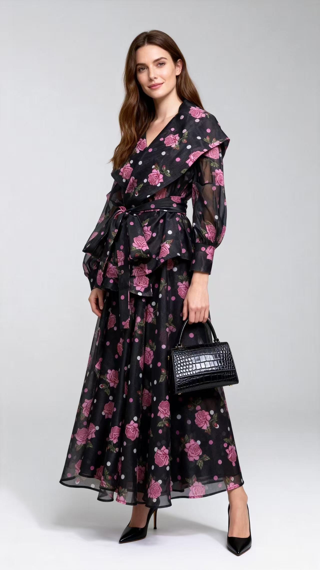 Black and Pink Polka-Dot & Rose-Printed Two-Piece Set (Blouse + Full-Flare Skirt)