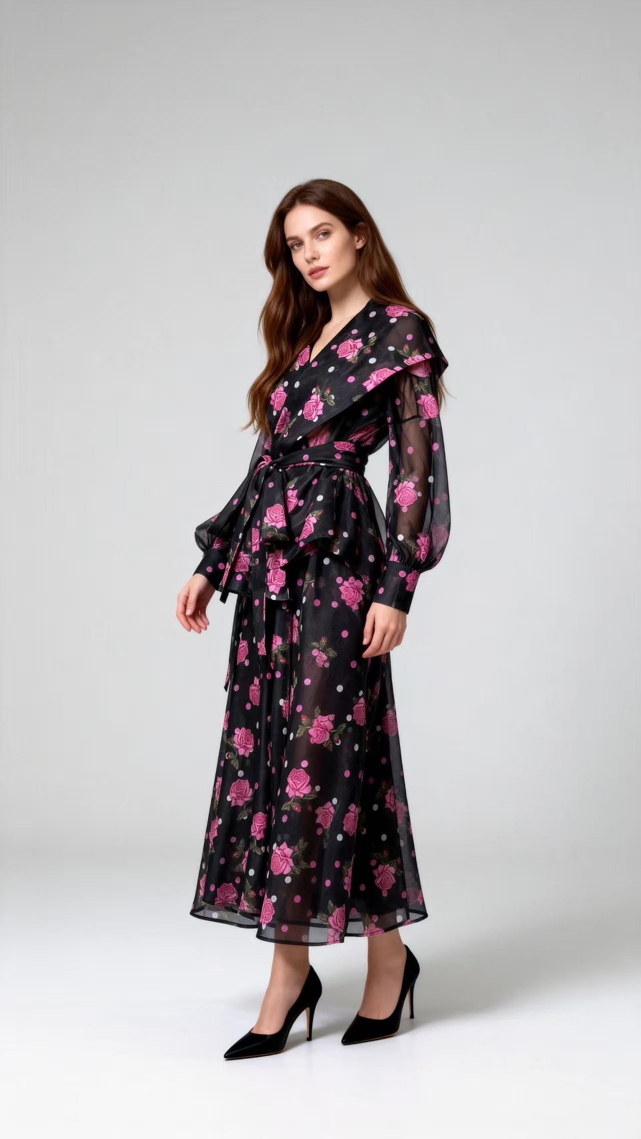 Black and Pink Polka-Dot & Rose-Printed Two-Piece Set (Blouse + Full-Flare Skirt)