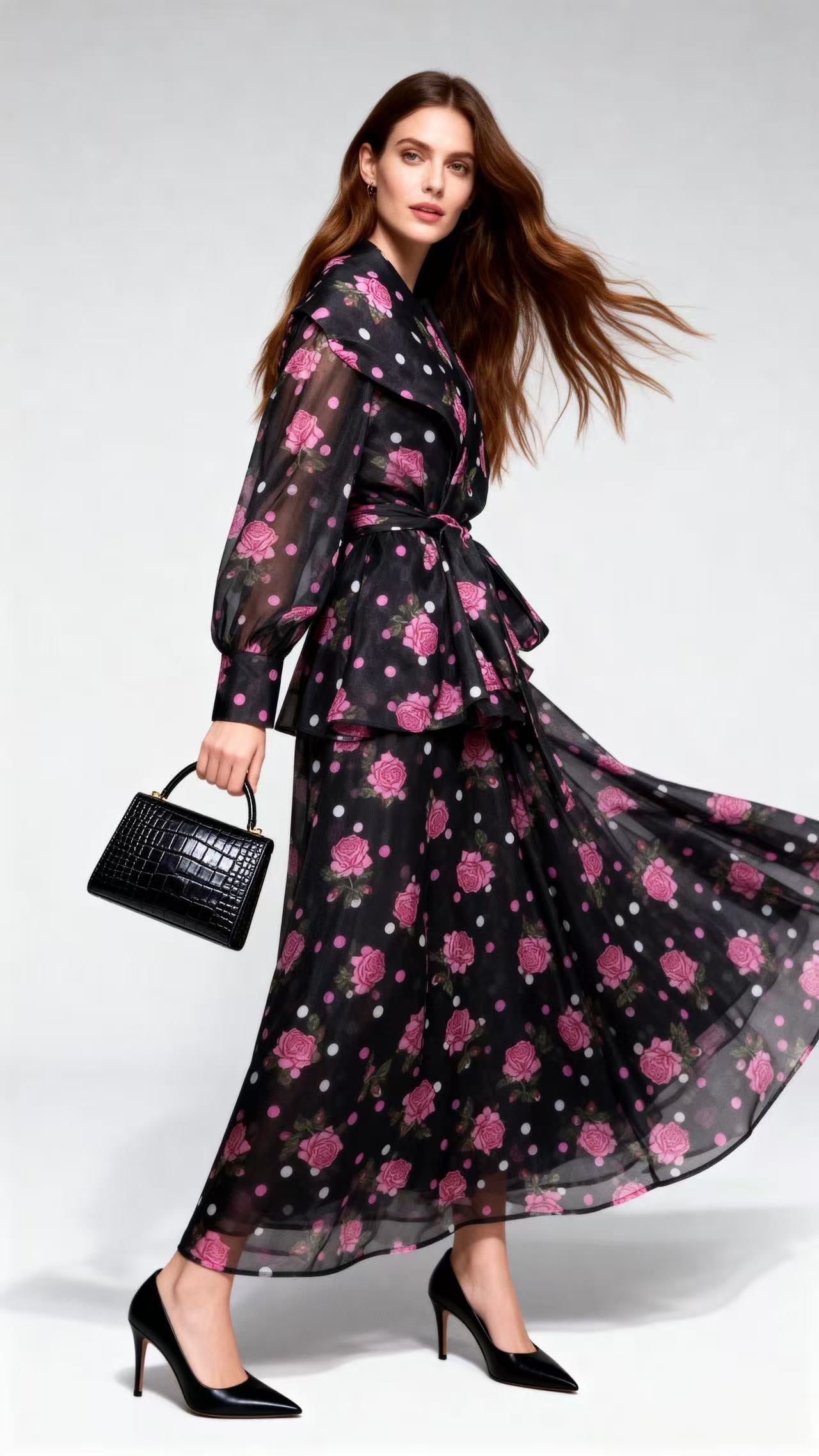 Black and Pink Polka-Dot & Rose-Printed Two-Piece Set (Blouse + Full-Flare Skirt)