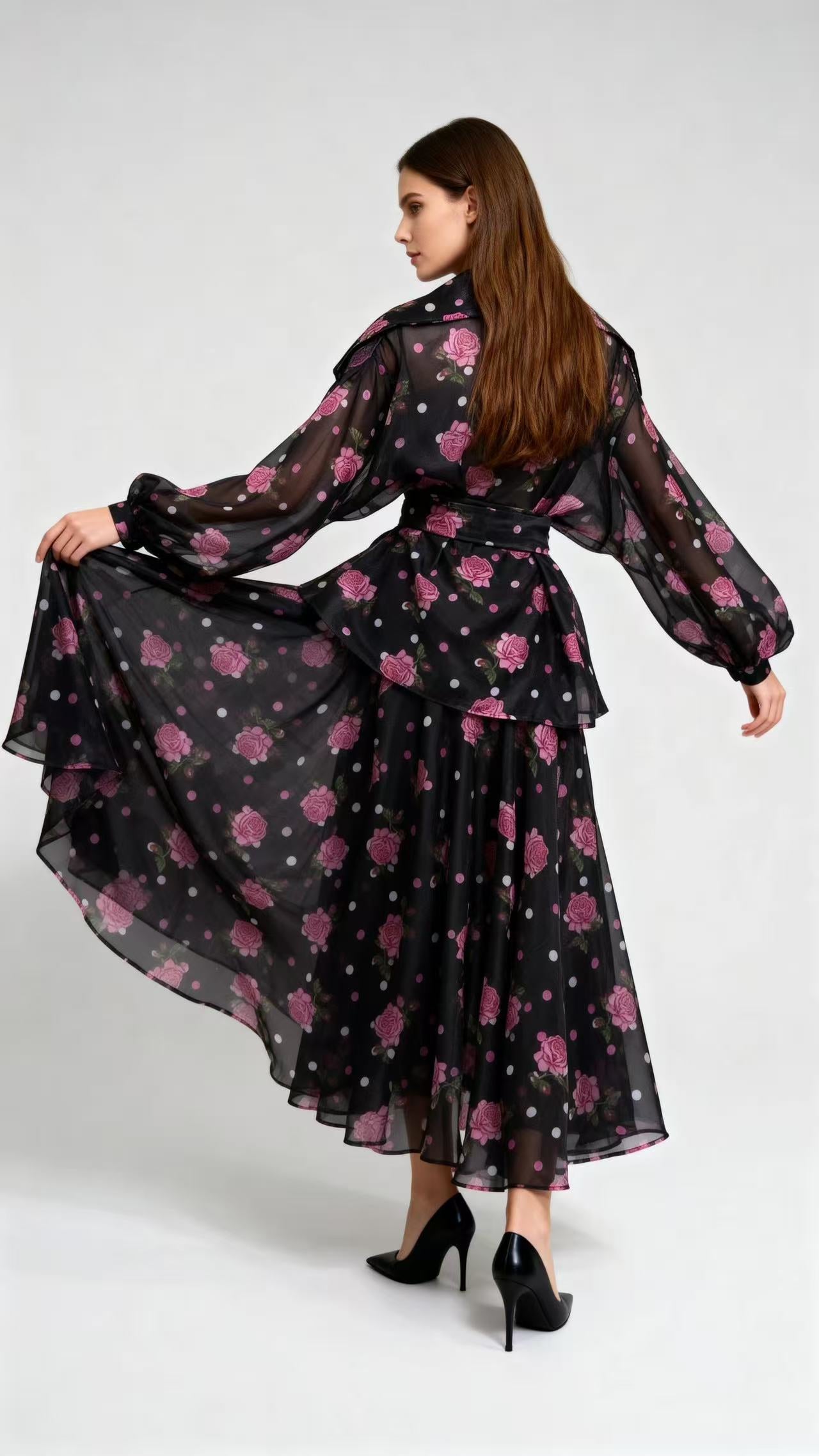 Black and Pink Polka-Dot & Rose-Printed Two-Piece Set (Blouse + Full-Flare Skirt)