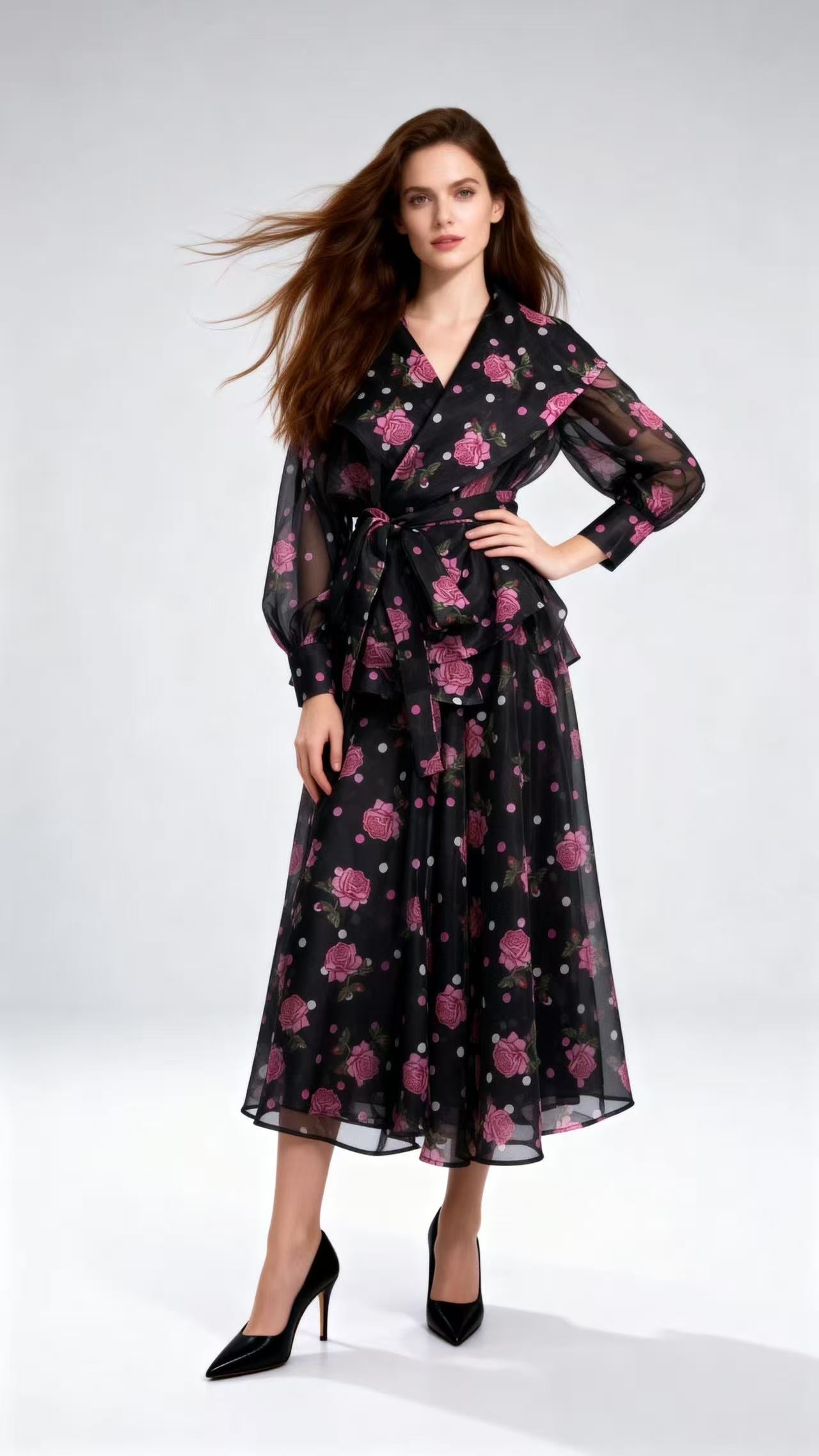 Black and Pink Polka-Dot & Rose-Printed Two-Piece Set (Blouse + Full-Flare Skirt)
