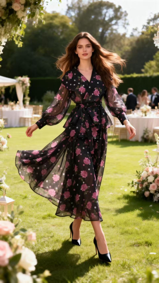 Black and Pink Polka-Dot & Rose-Printed Two-Piece Set (Blouse + Full-Flare Skirt)