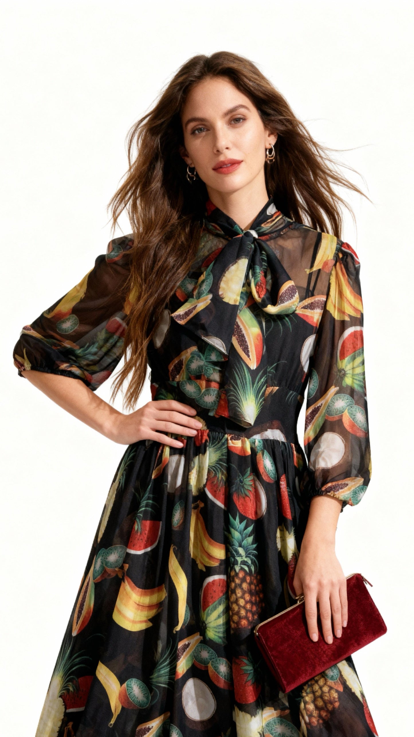Fruit-Printed Flutter Collar Chiffon Maxi Dress