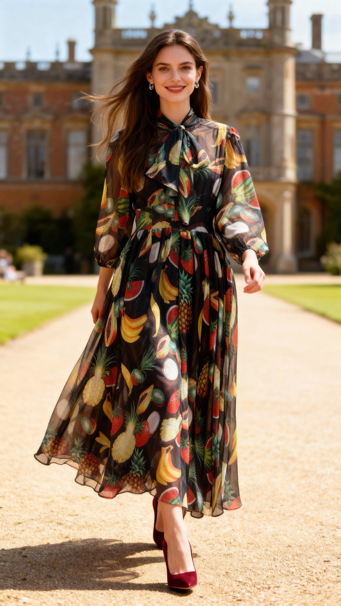 Fruit-Printed Flutter Collar Chiffon Maxi Dress