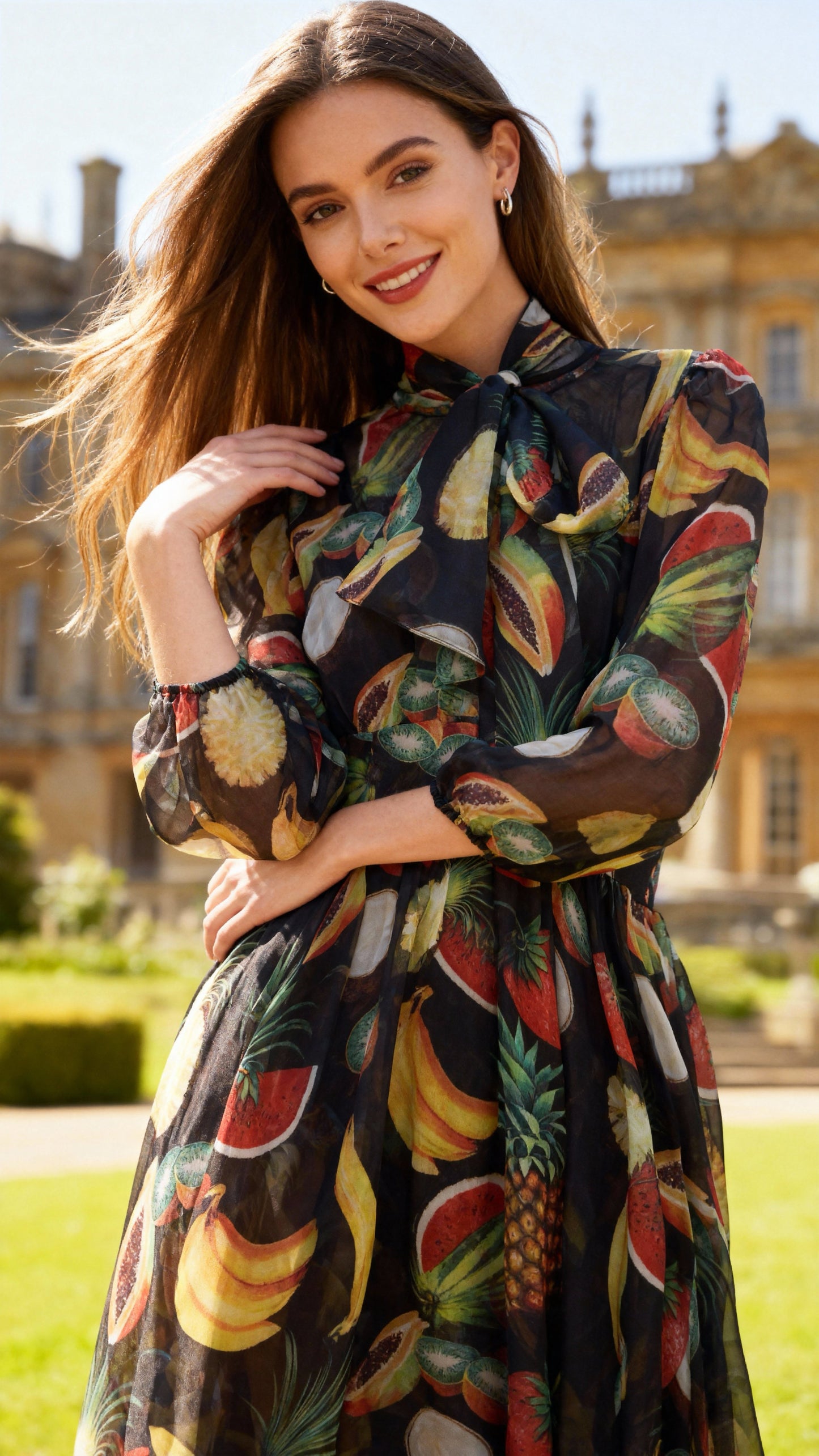 Fruit-Printed Flutter Collar Chiffon Maxi Dress