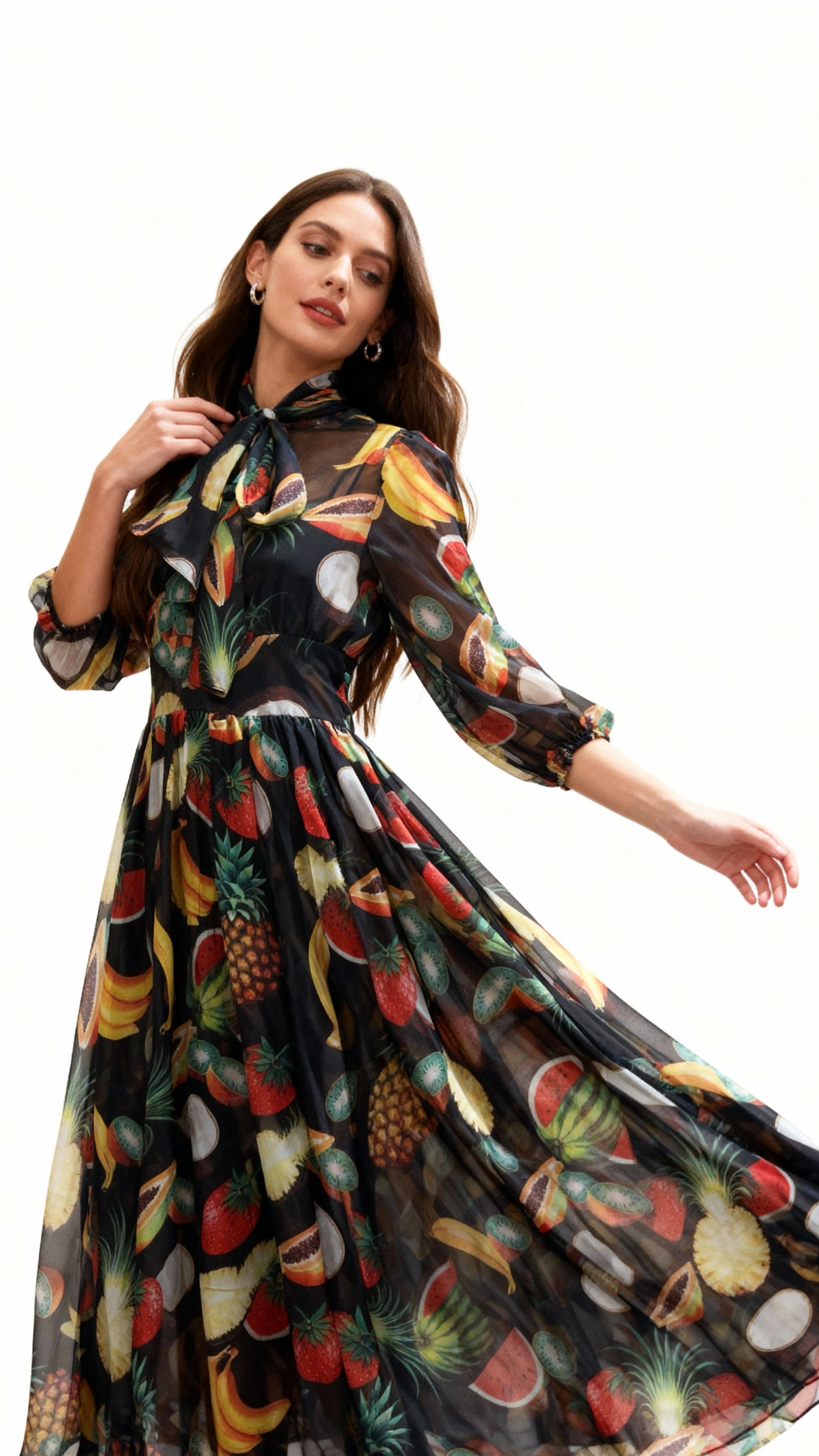 Fruit-Printed Flutter Collar Chiffon Maxi Dress