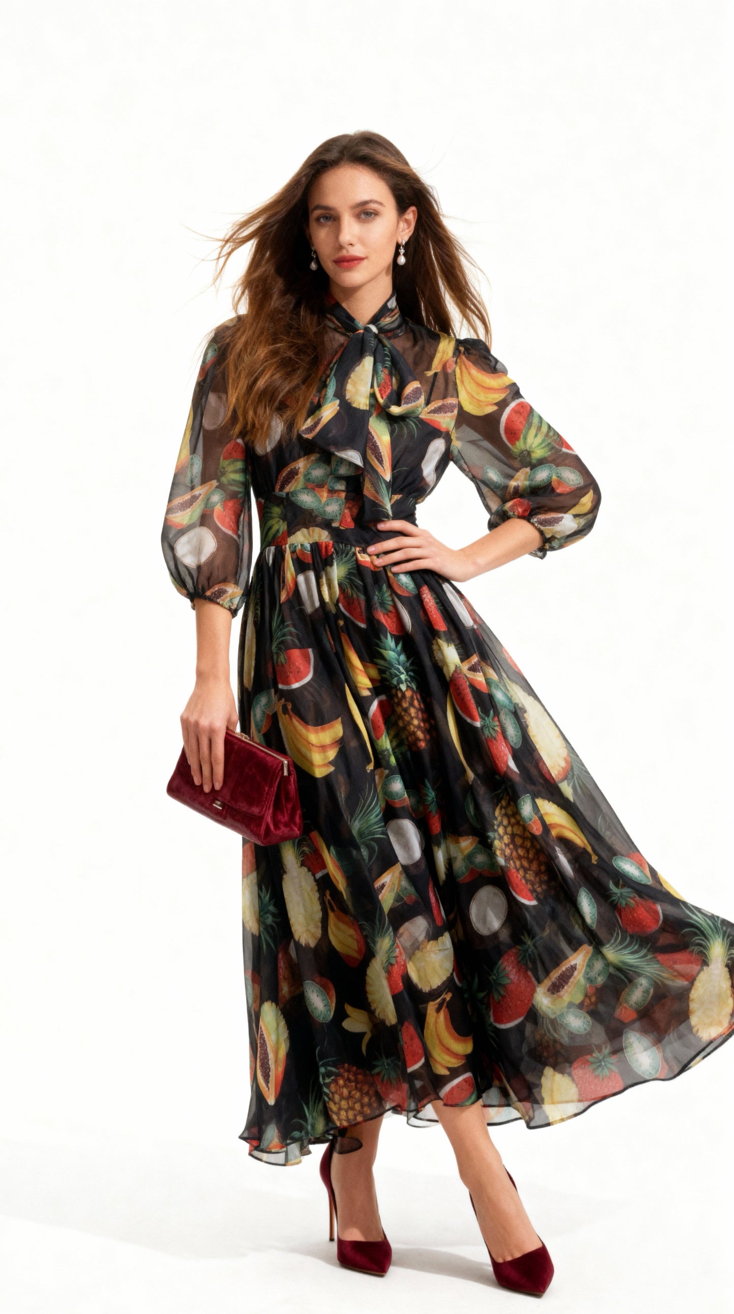 Fruit-Printed Flutter Collar Chiffon Maxi Dress