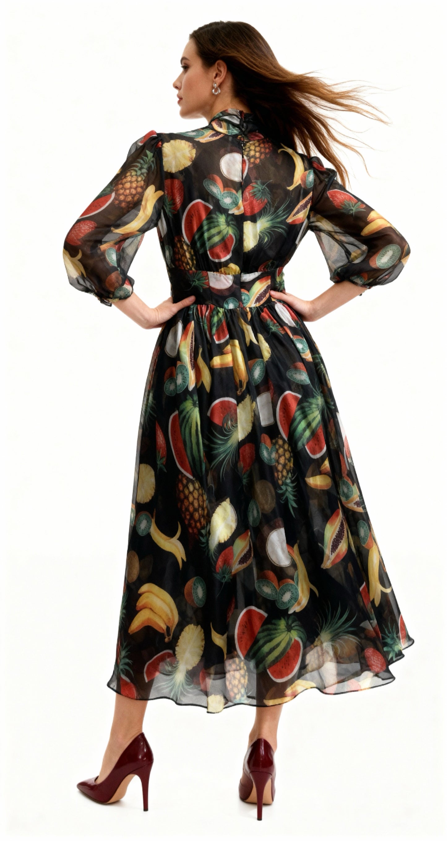 Fruit-Printed Flutter Collar Chiffon Maxi Dress