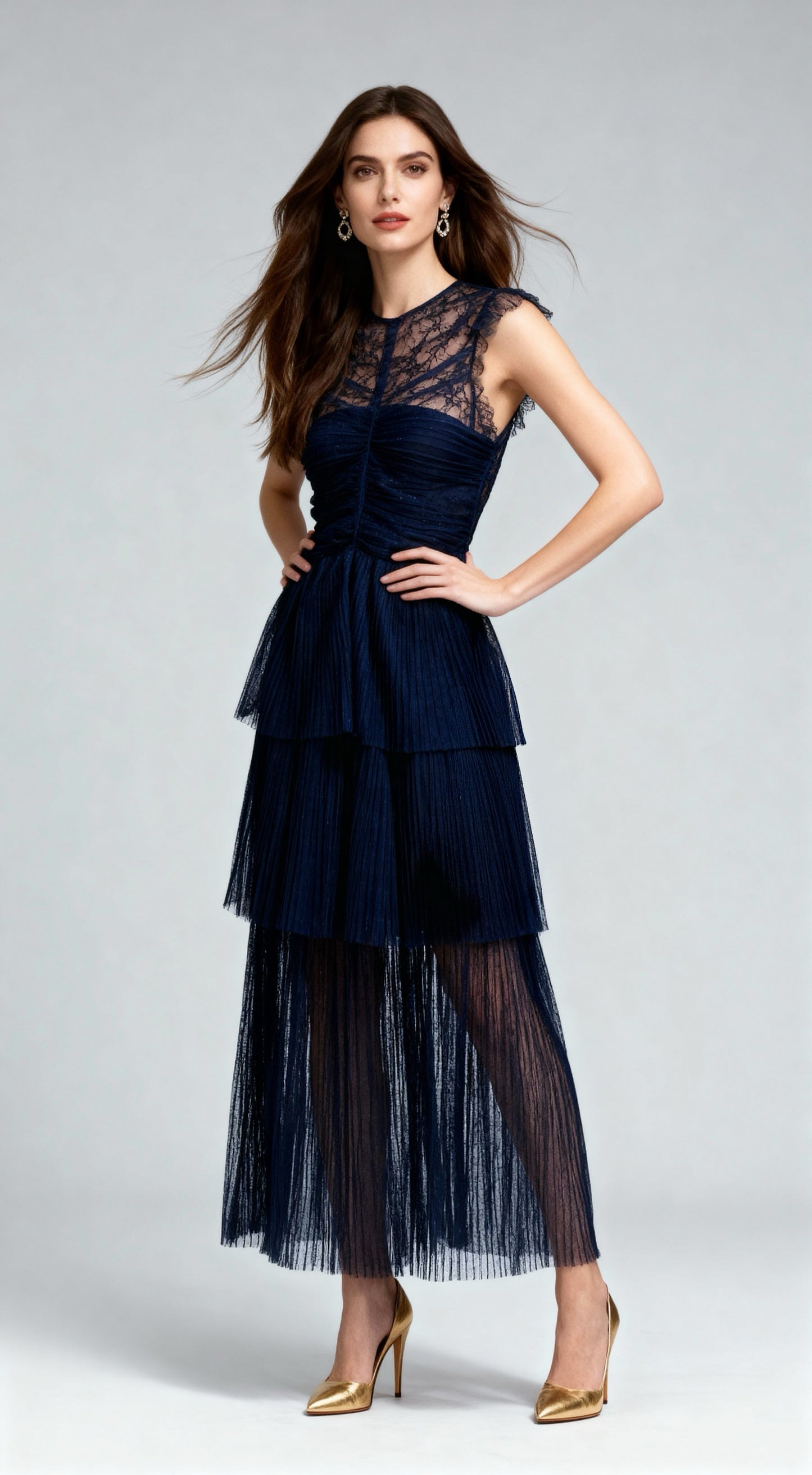 Navy blue sleeveless layered maxi dress