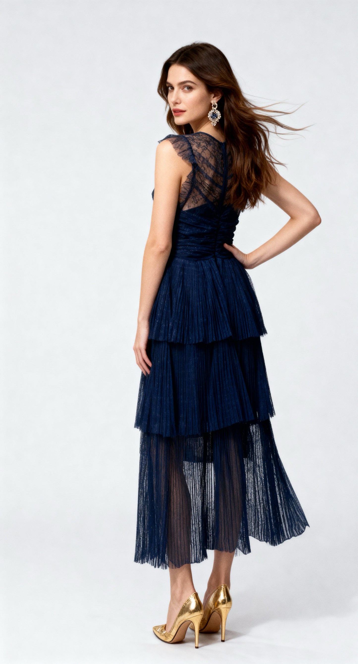 Navy blue sleeveless layered maxi dress