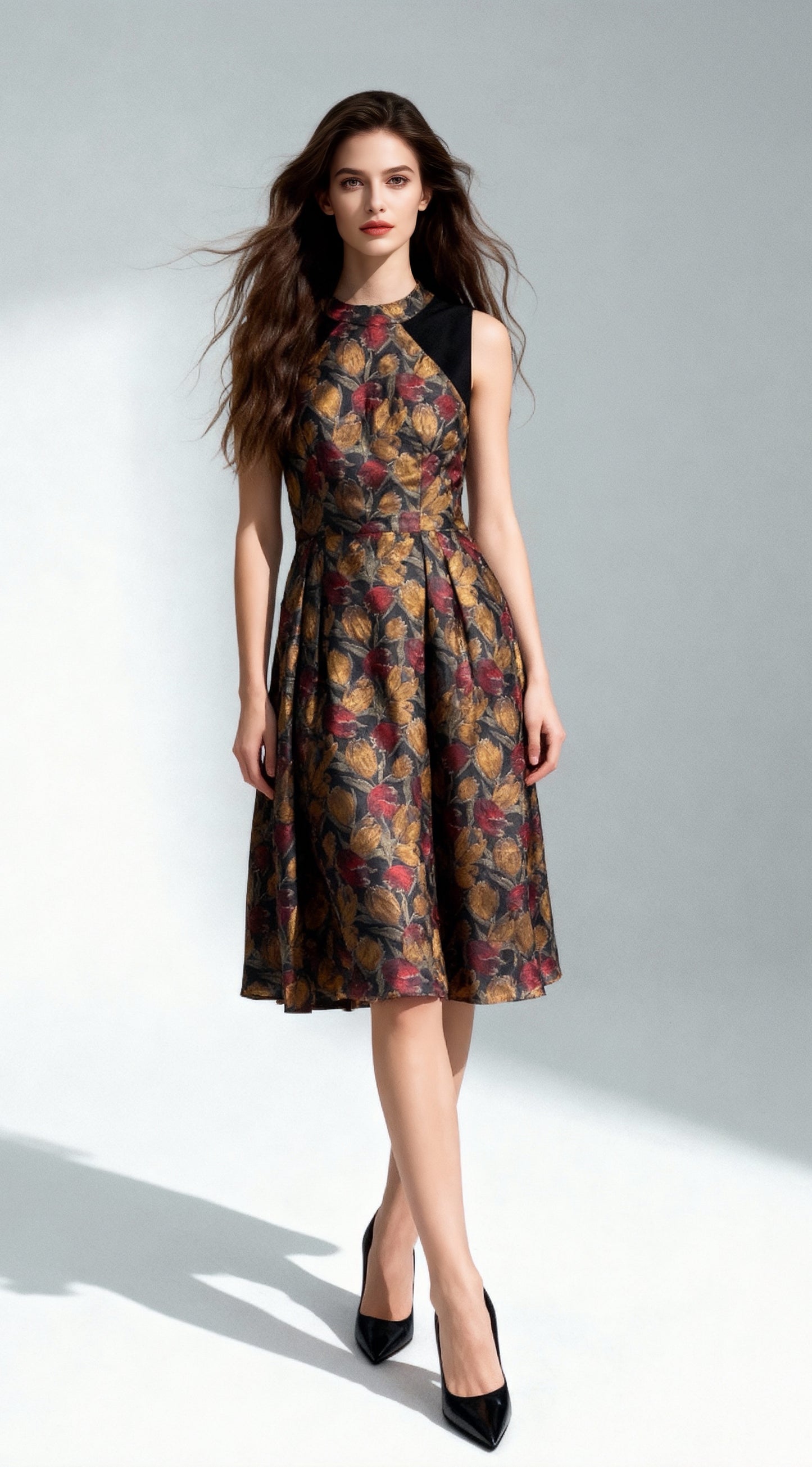 Sleeveless Printed Waist-Tied Dress