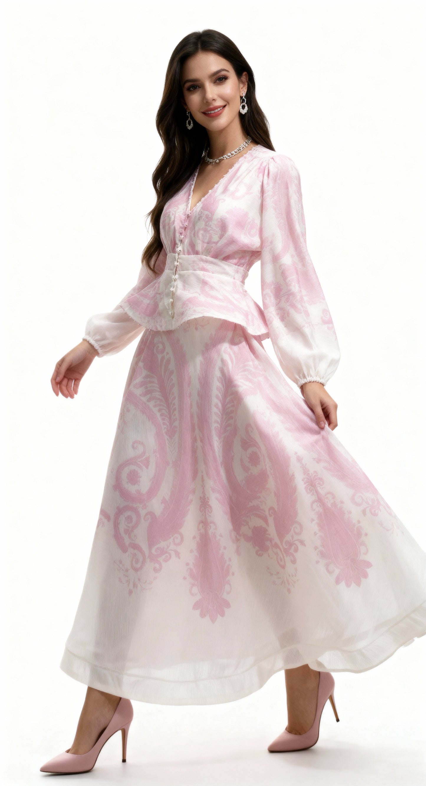 Pink and White Patterned Vintage Two-Piece Set (Waist-Cinched Top + Full-Flare Maxi Skirt)