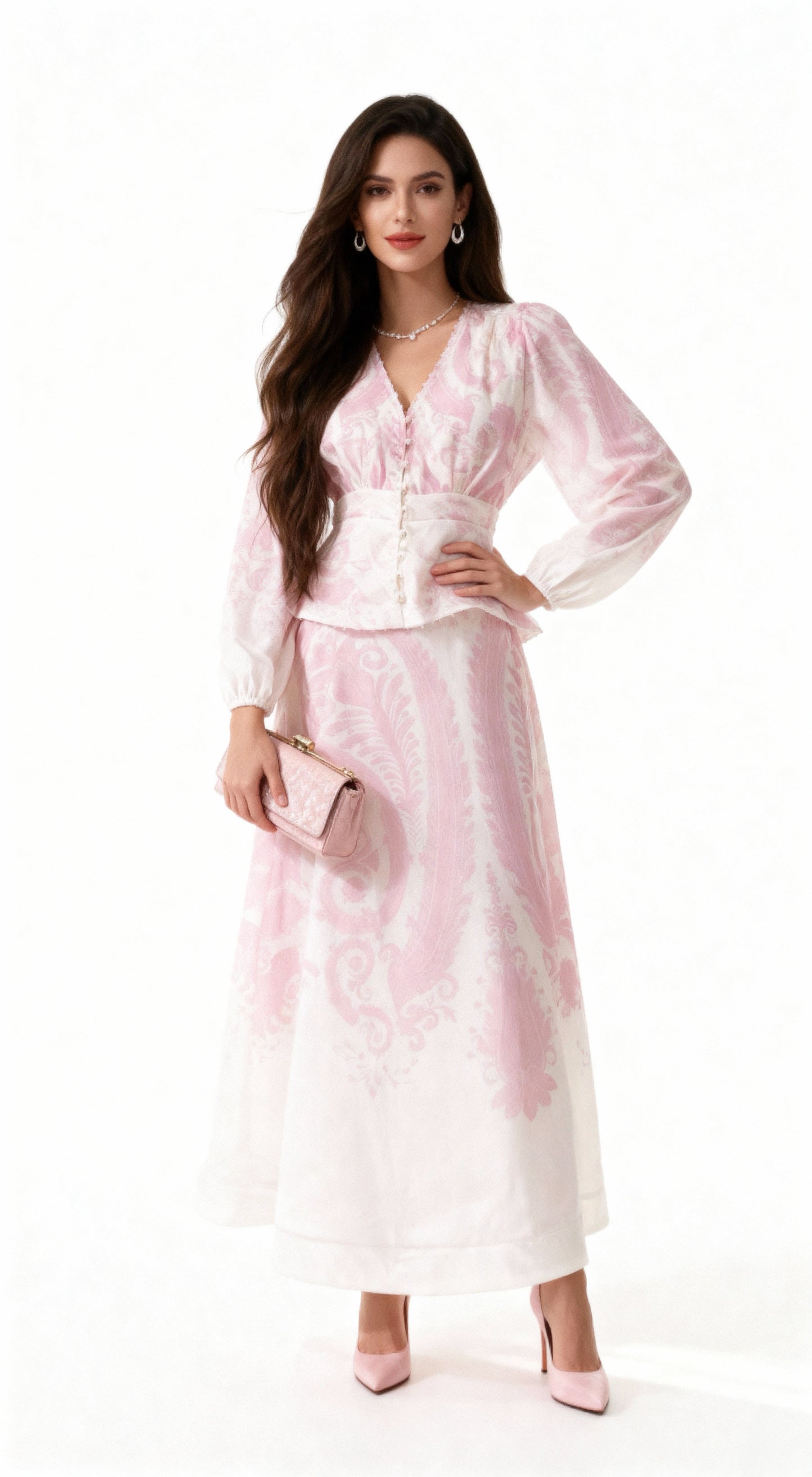 Pink and White Patterned Vintage Two-Piece Set (Waist-Cinched Top + Full-Flare Maxi Skirt)