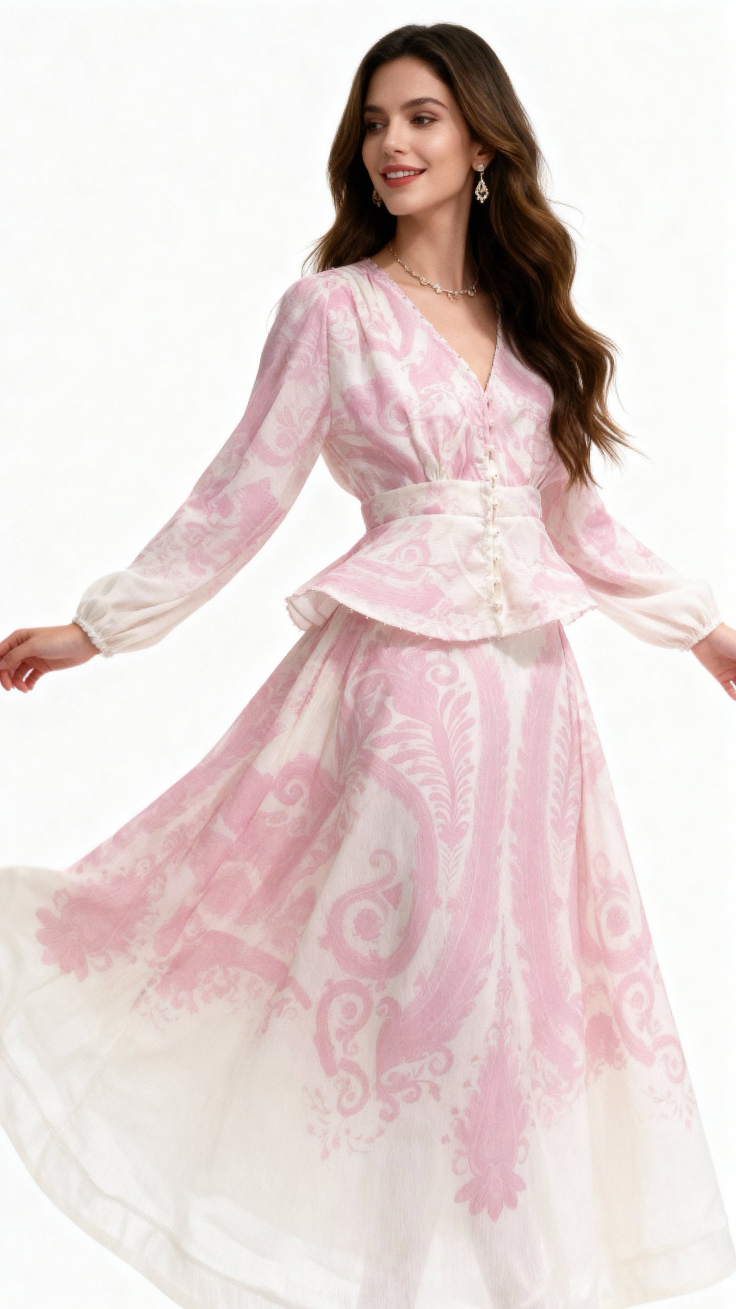 Pink and White Patterned Vintage Two-Piece Set (Waist-Cinched Top + Full-Flare Maxi Skirt)