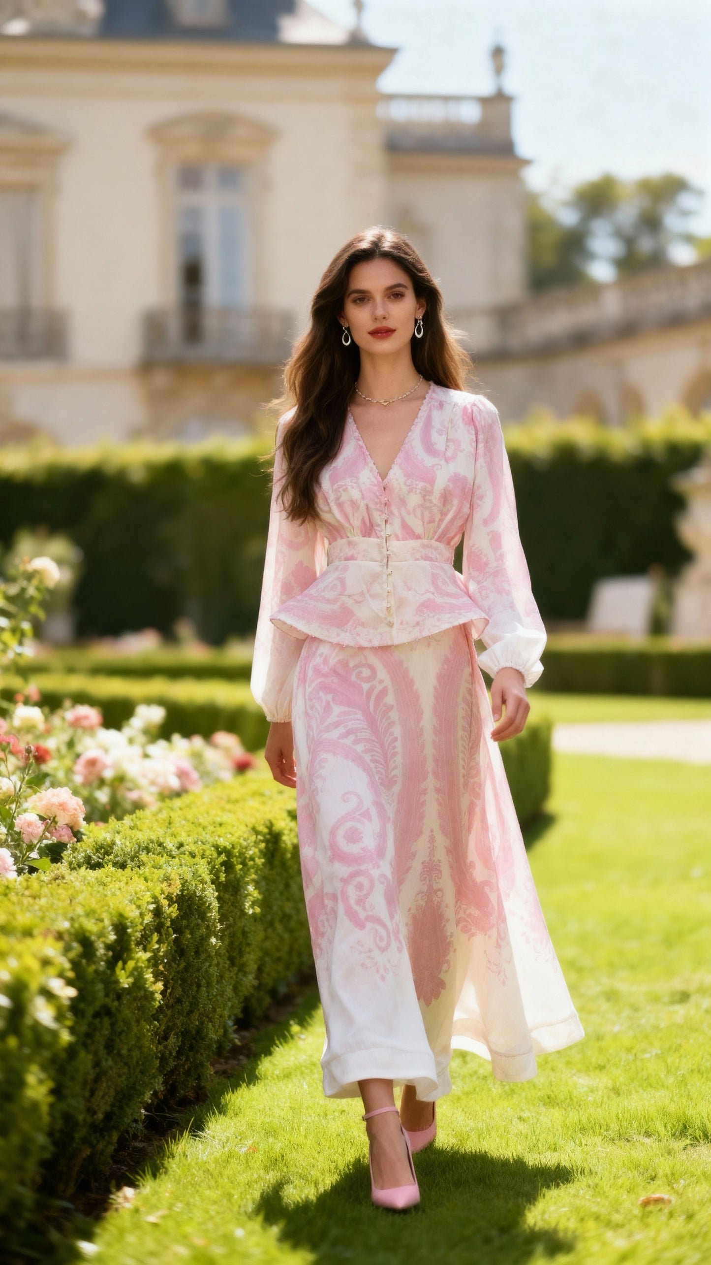 Pink and White Patterned Vintage Two-Piece Set (Waist-Cinched Top + Full-Flare Maxi Skirt)