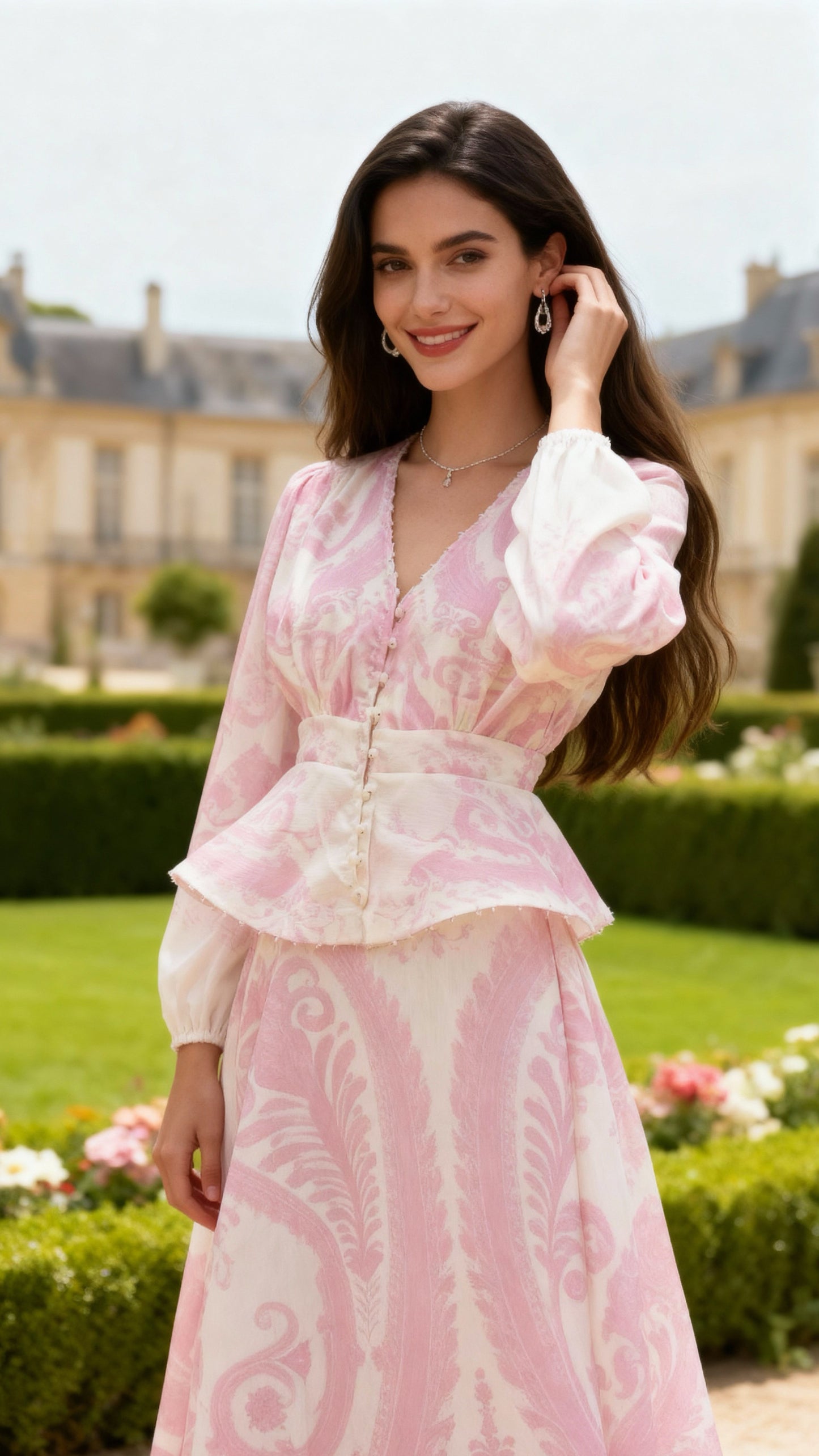 Pink and White Patterned Vintage Two-Piece Set (Waist-Cinched Top + Full-Flare Maxi Skirt)