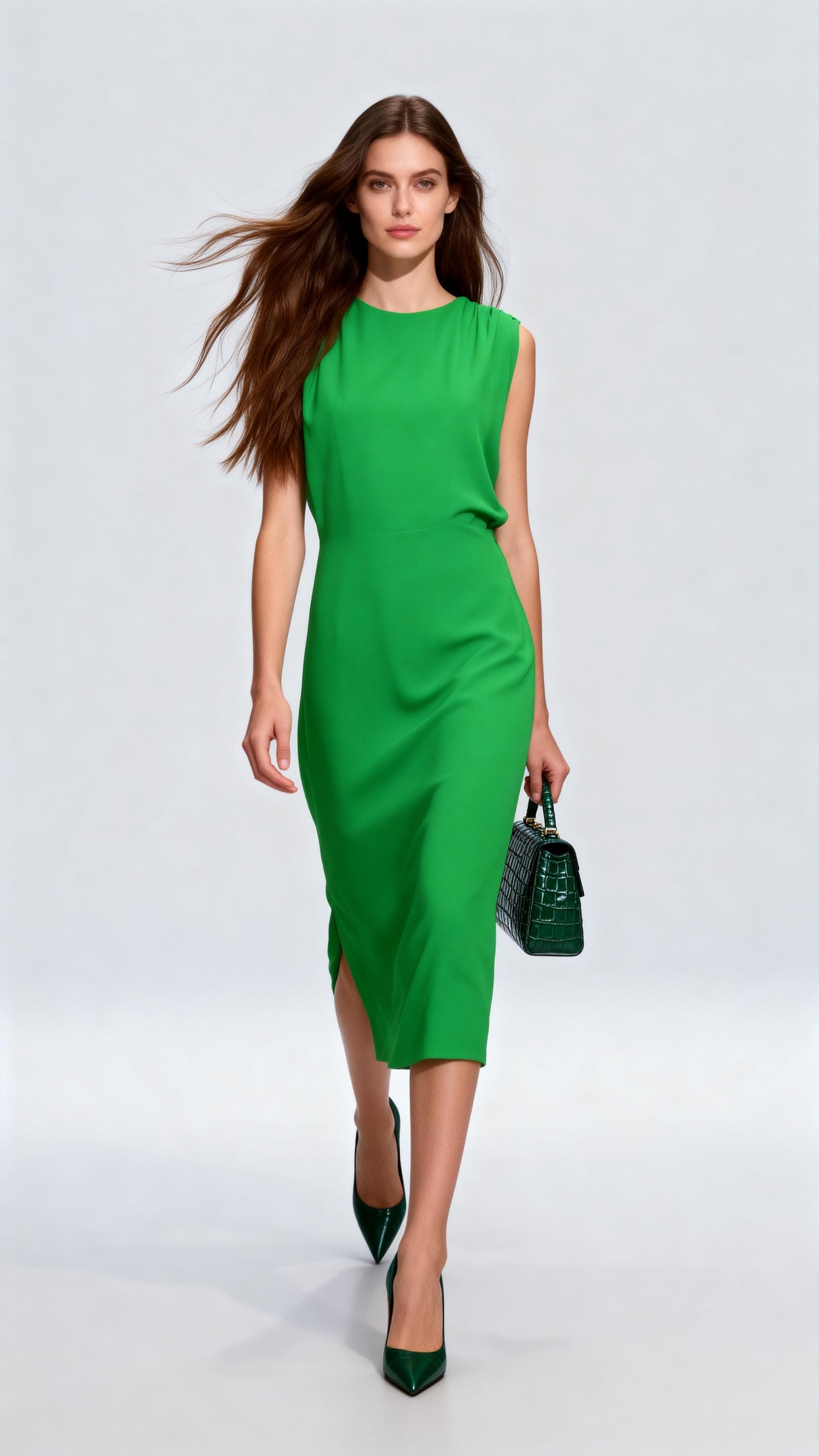 Green Sleeveless Waist-Cinched Dress