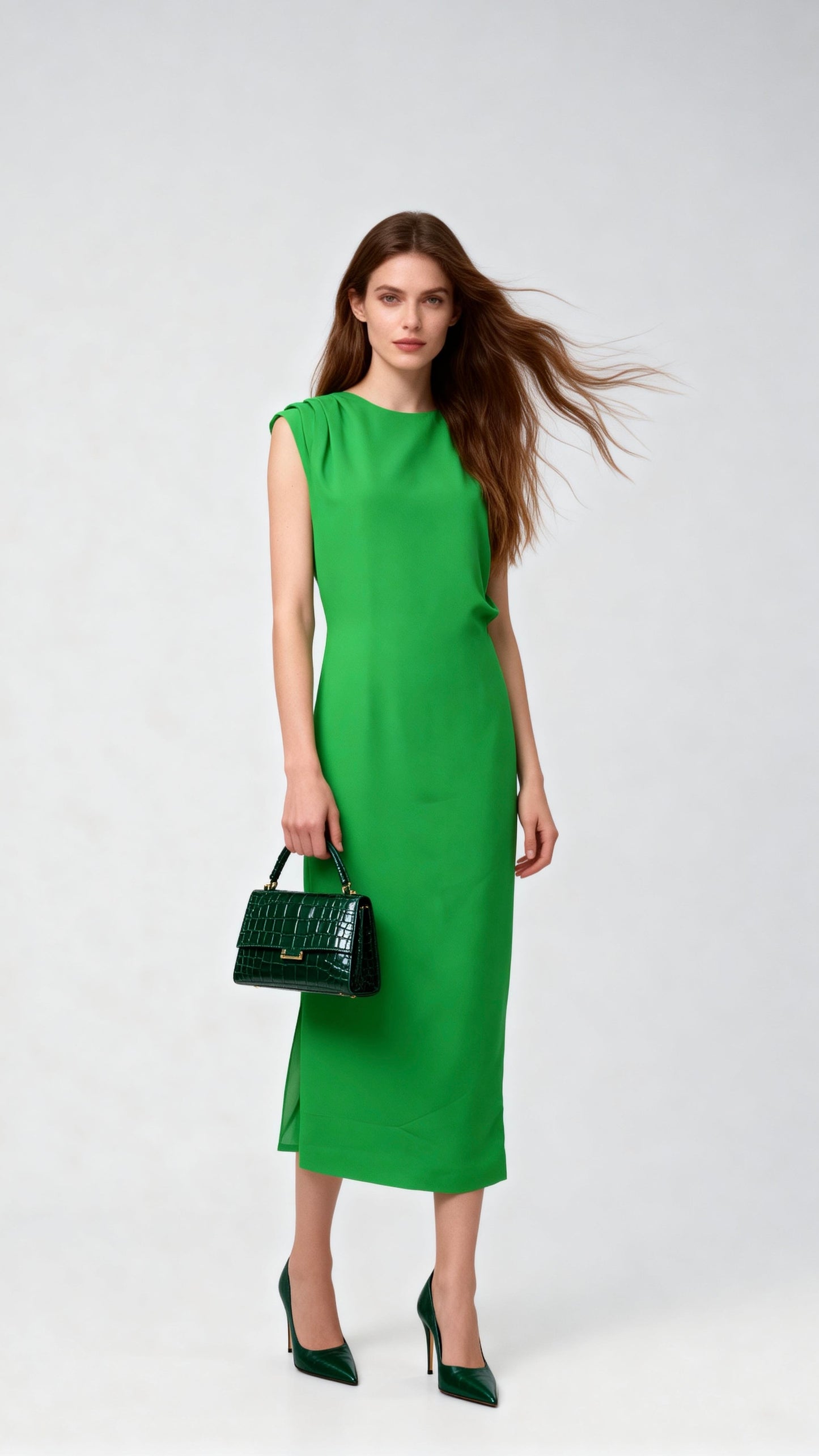Green Sleeveless Waist-Cinched Dress