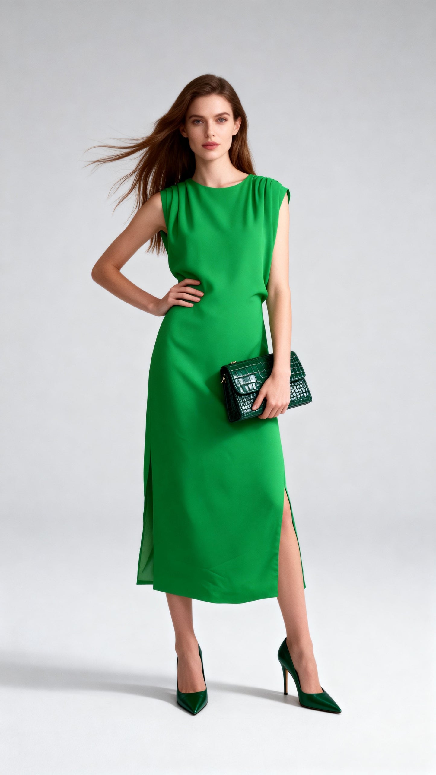 Green Sleeveless Waist-Cinched Dress
