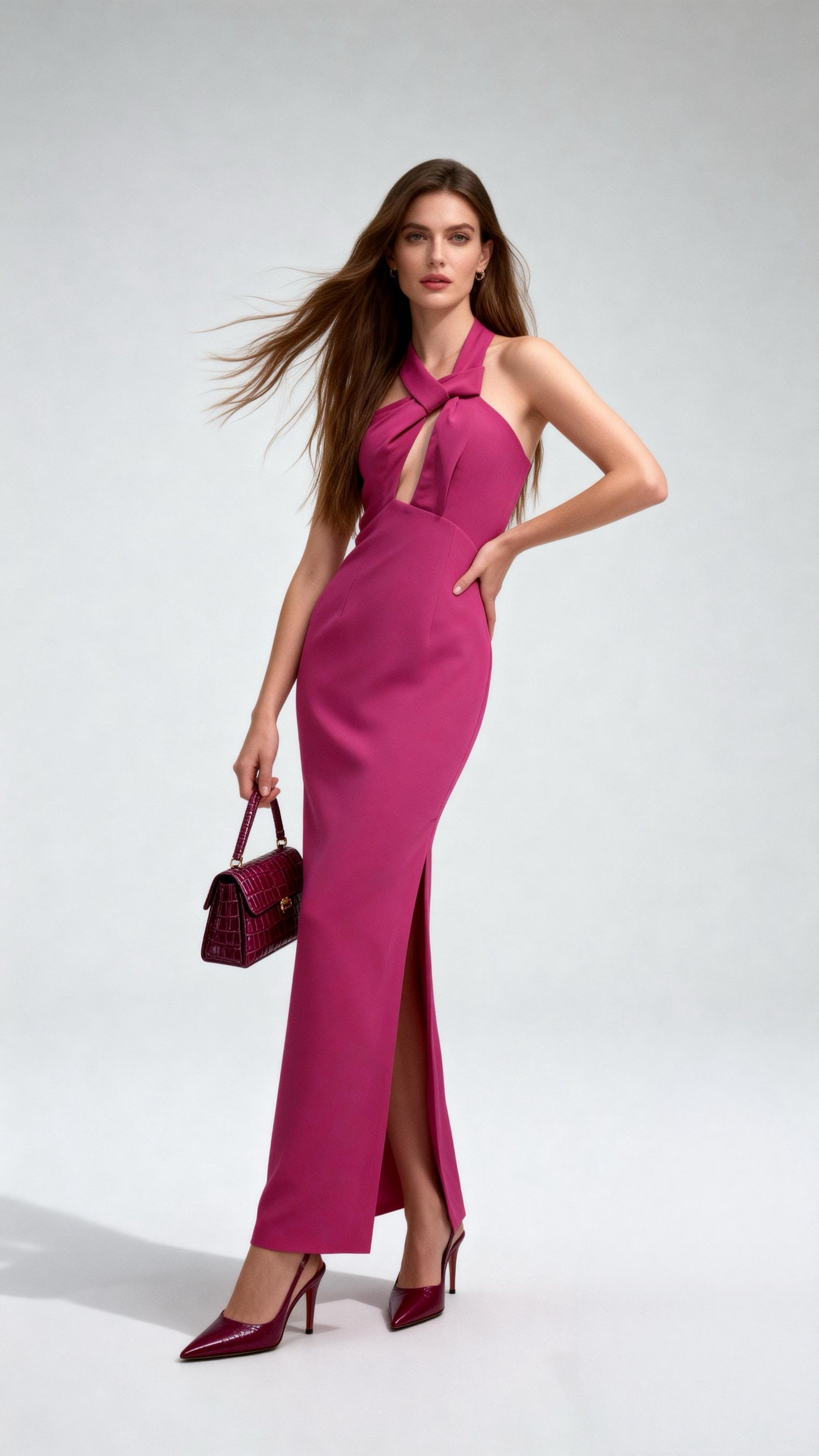 Fuchsia Halter Neck Cold Shoulder Cutout Maxi Dress