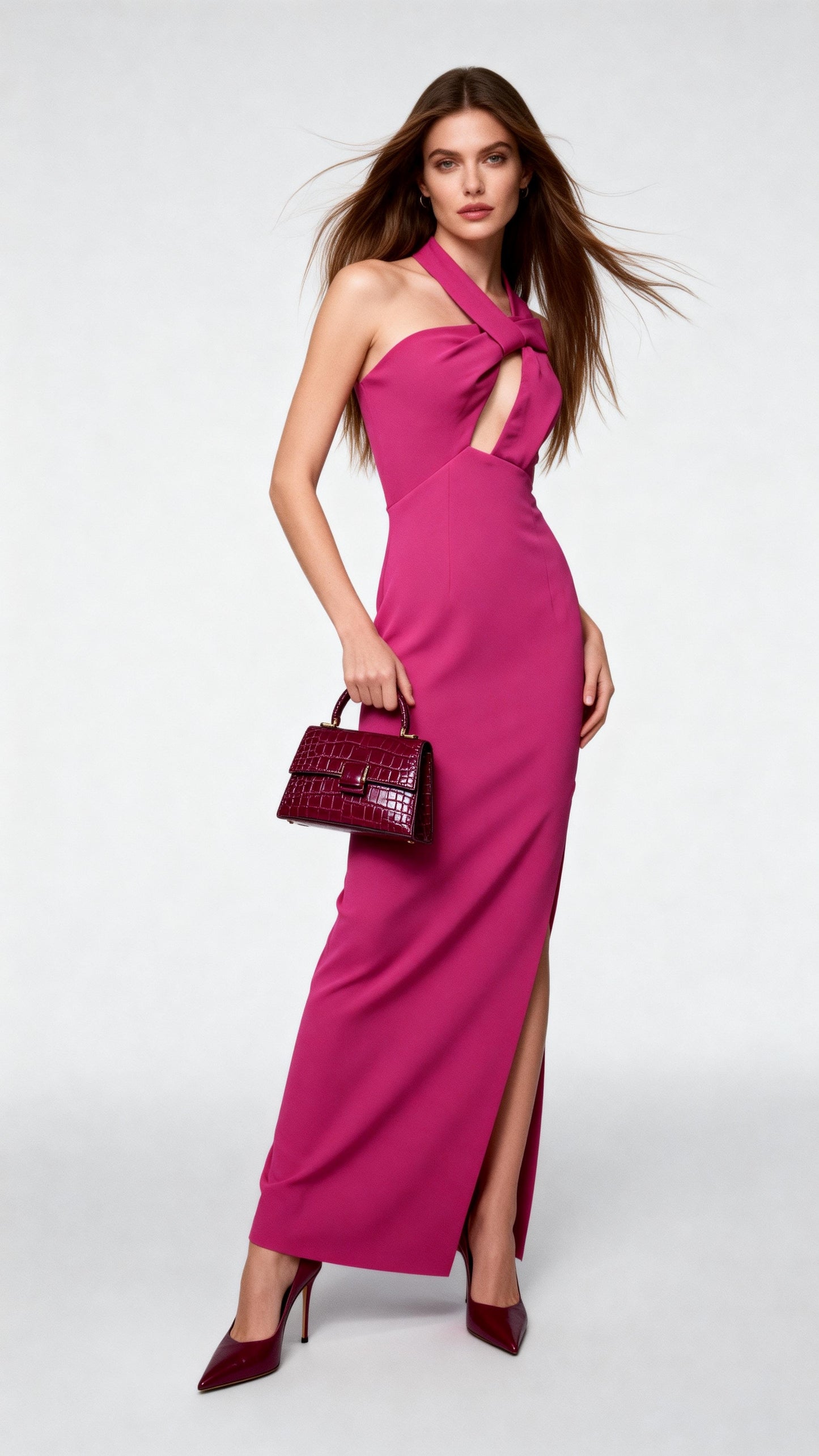 Fuchsia Halter Neck Cold Shoulder Cutout Maxi Dress