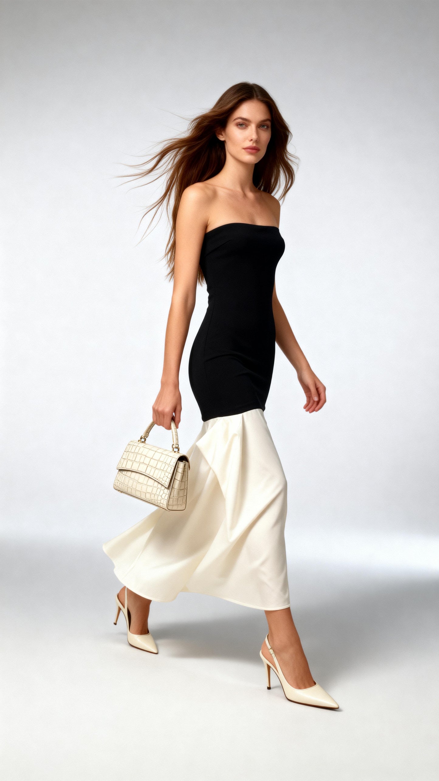 Black and White Color-Blocked Strapless Maxi Dress