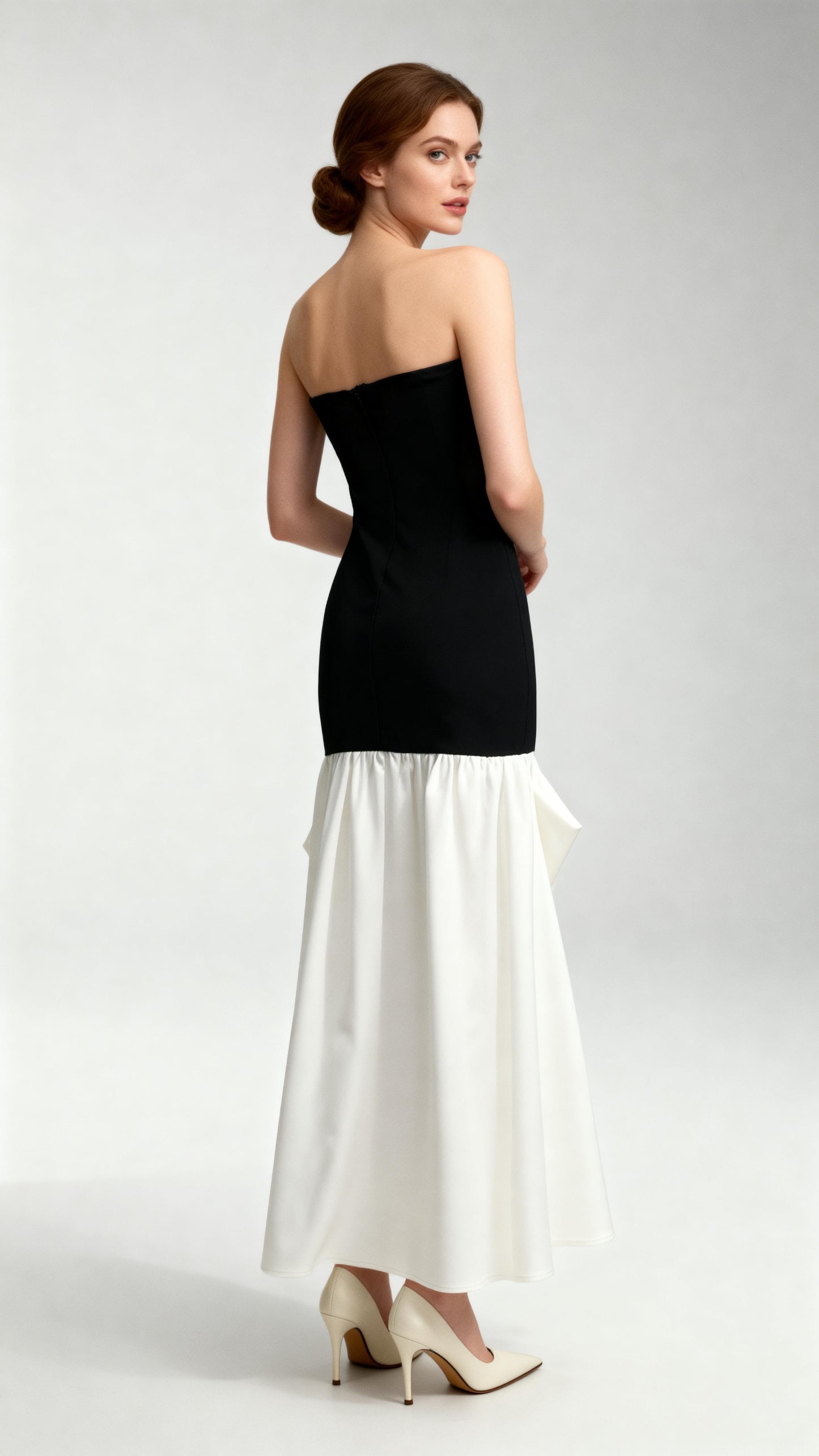 Black and White Color-Blocked Strapless Maxi Dress