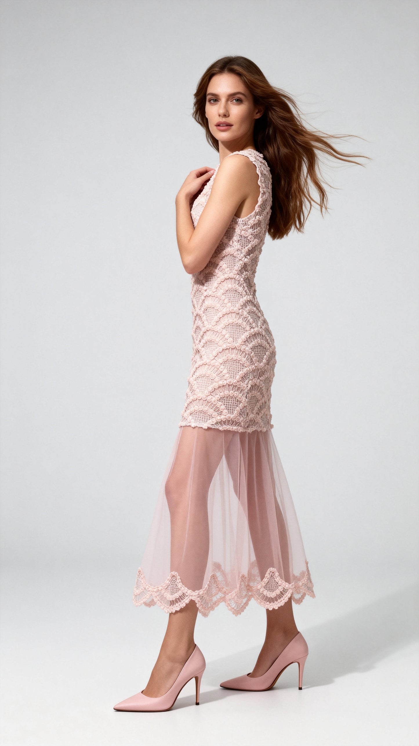 Light Pink Tulle-Paneled Faux Two-Piece Dress