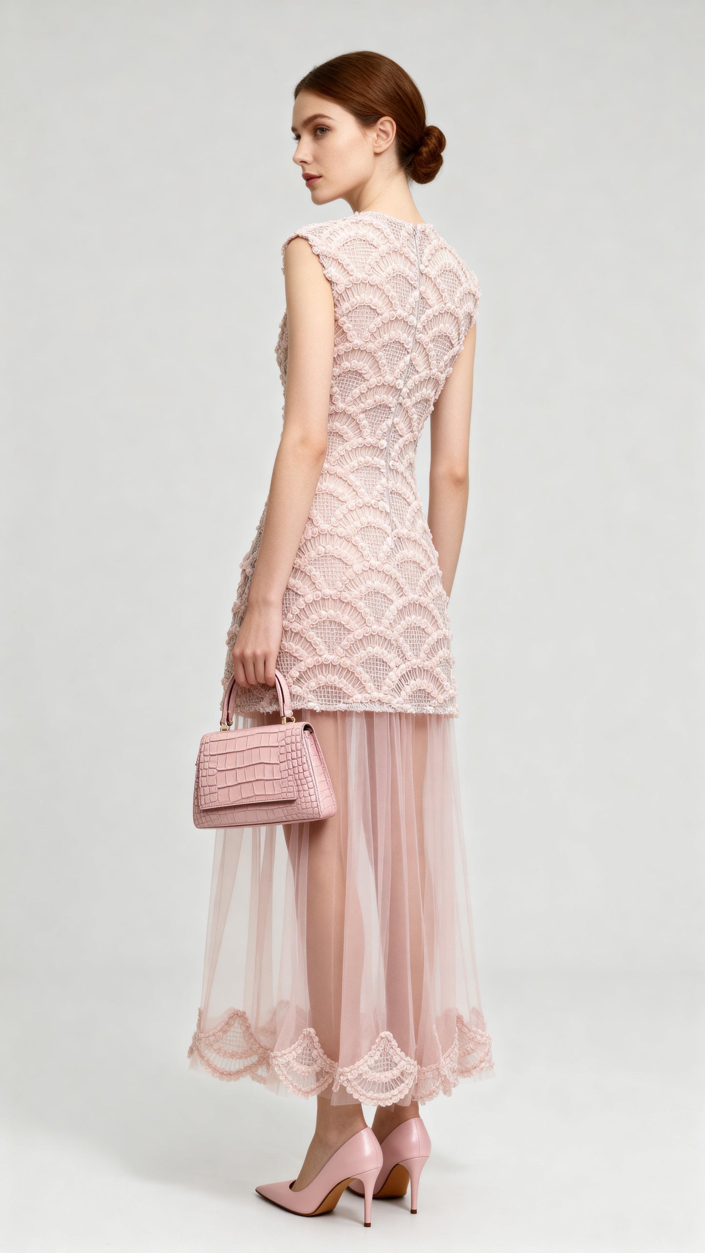 Light Pink Tulle-Paneled Faux Two-Piece Dress