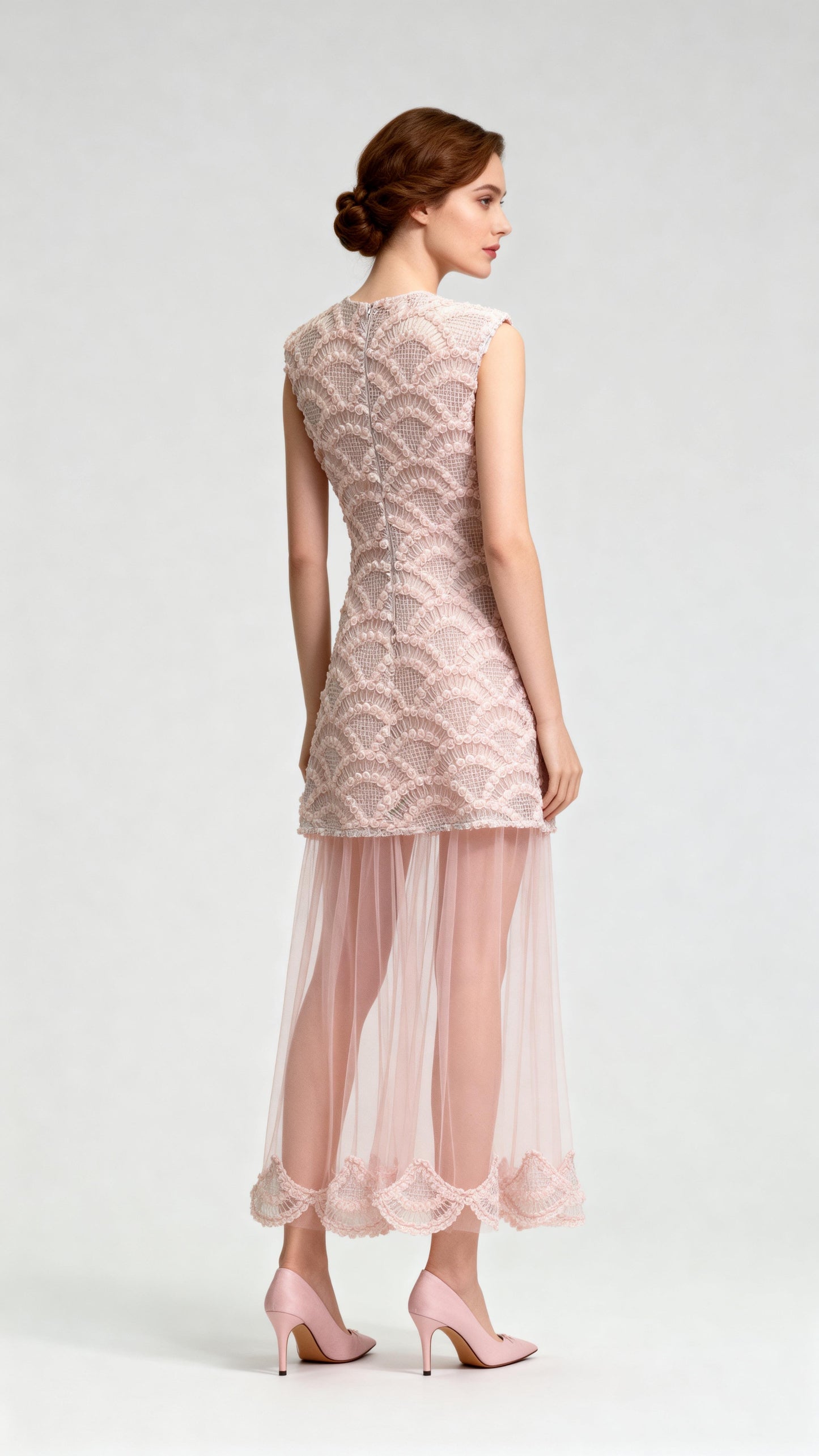Light Pink Tulle-Paneled Faux Two-Piece Dress